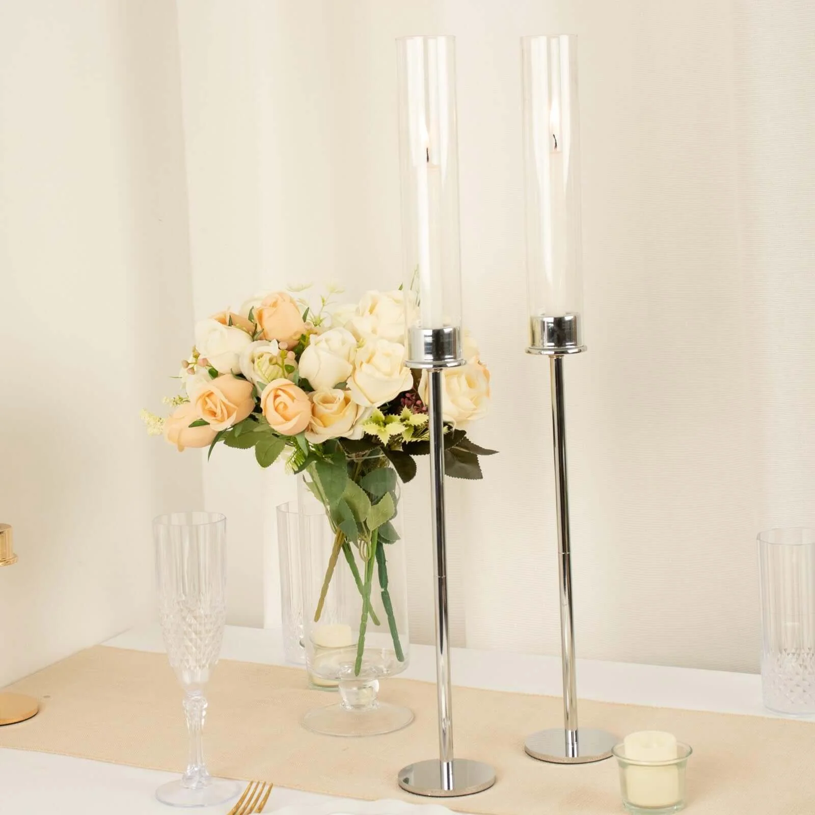 2-Pack Silver Metal Taper Candlestick Holders 24" - Clear Glass Hurricane Candle Stands With Chimney Candle Shades - Image 8