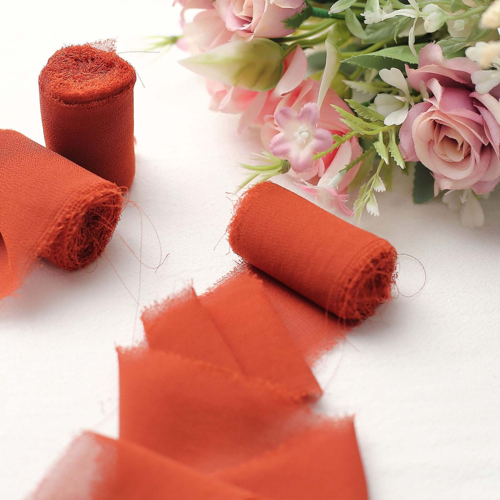 2 Pack Terracotta (Rust) Silk-Like Chiffon Ribbon Roll, DIY Wedding Bouquet Linen Wrap 6yds - Image 10