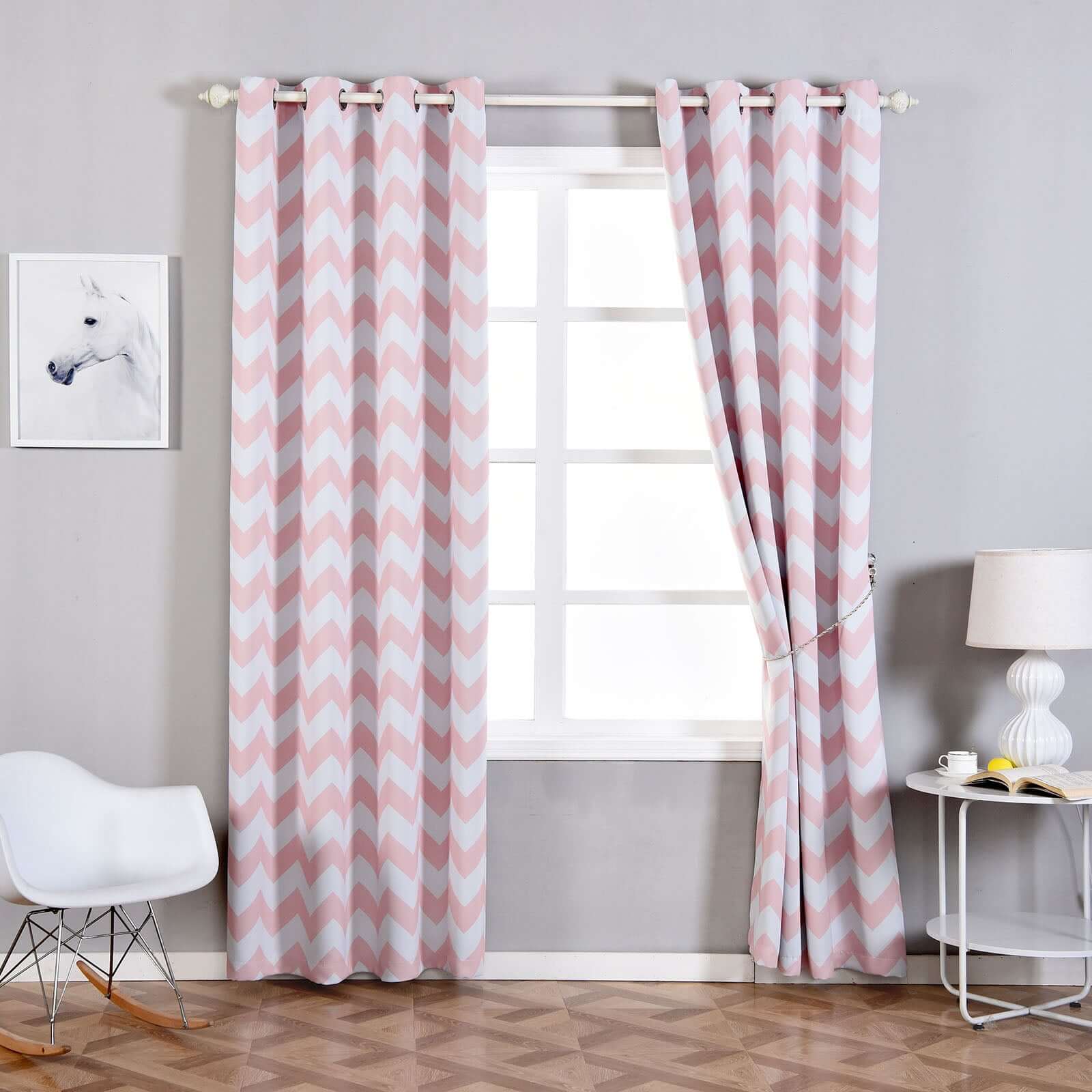 2 Pack White Blush Chevron Print Thermal Blackout Window Curtain Grommet Panels, Noise Canceling Curtains 52"x96" - Image 2