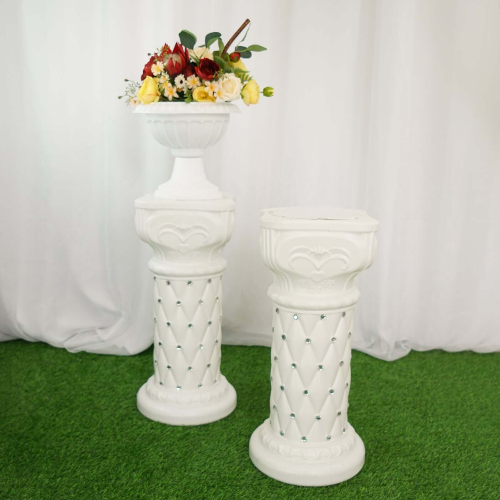 2 Pack White Crystal Beaded Pedestal Stand French Inspired Pillar With 10mm Crystal Studs PVC 25" Tall PVC - Image 2