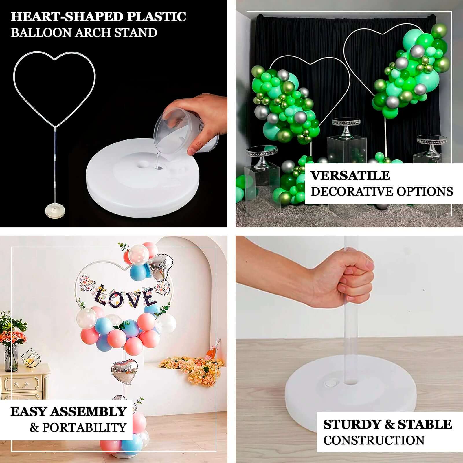 2 Pack White Heart Shaped Plastic Balloon Arch Stand Kit, Balloon Holder Column with Round Water Fillable Base - 5ft - Image 4