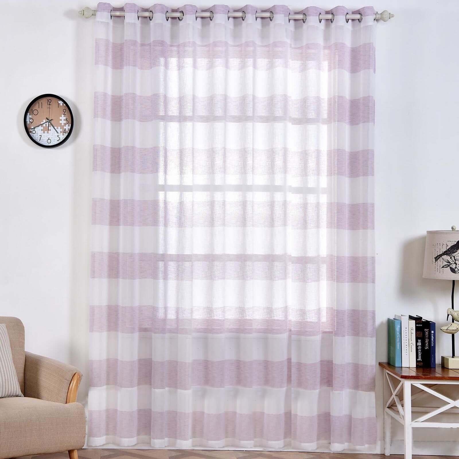 2 Pack White/Lavender Lilac Cabana Print Faux Linen Curtain Panels With Chrome Grommet 52"x108"