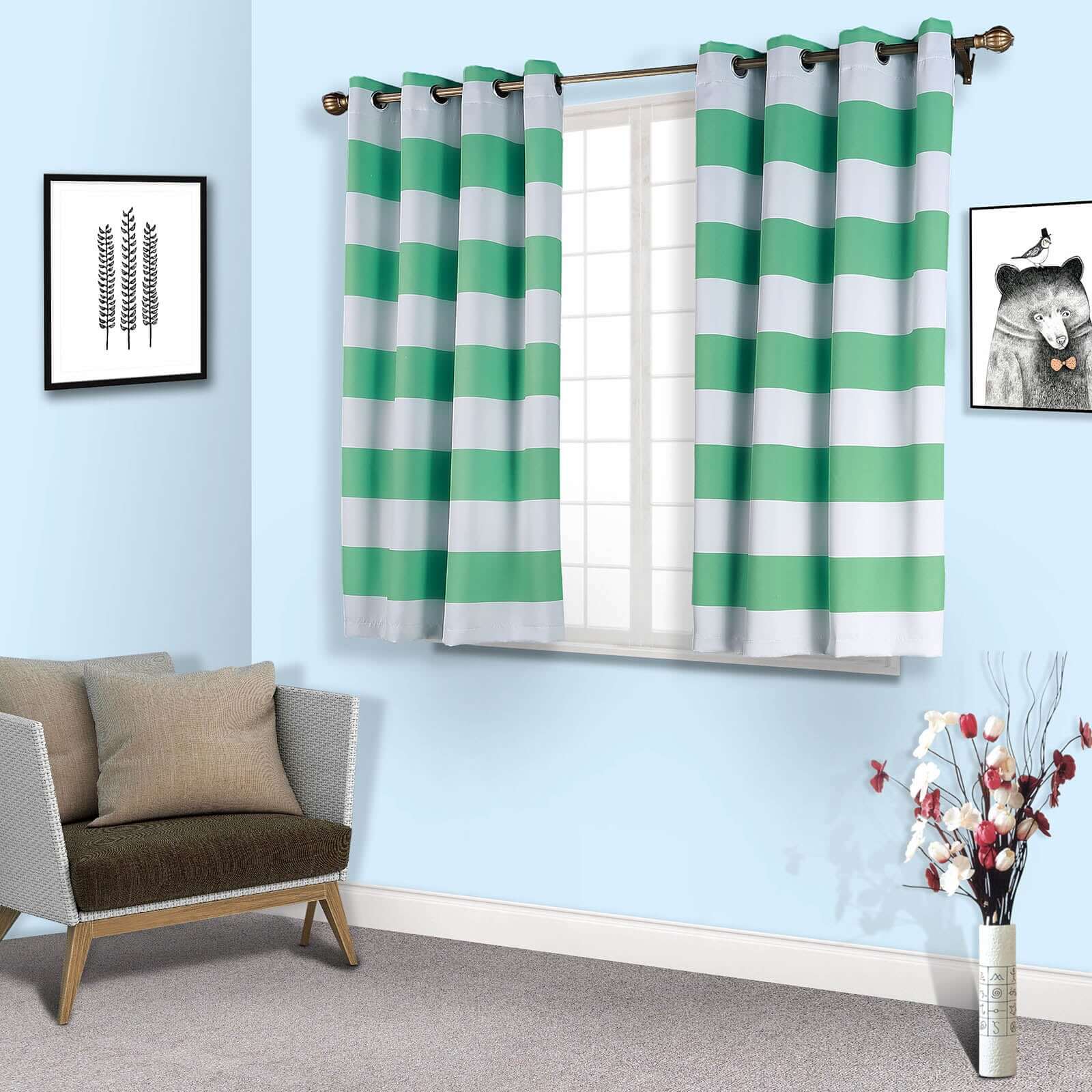 2 Pack White/Mint Cabana Stripe Thermal Blackout Window Curtain Grommet Panels, Noise Cancelling Curtains 52"x64" - Image 4