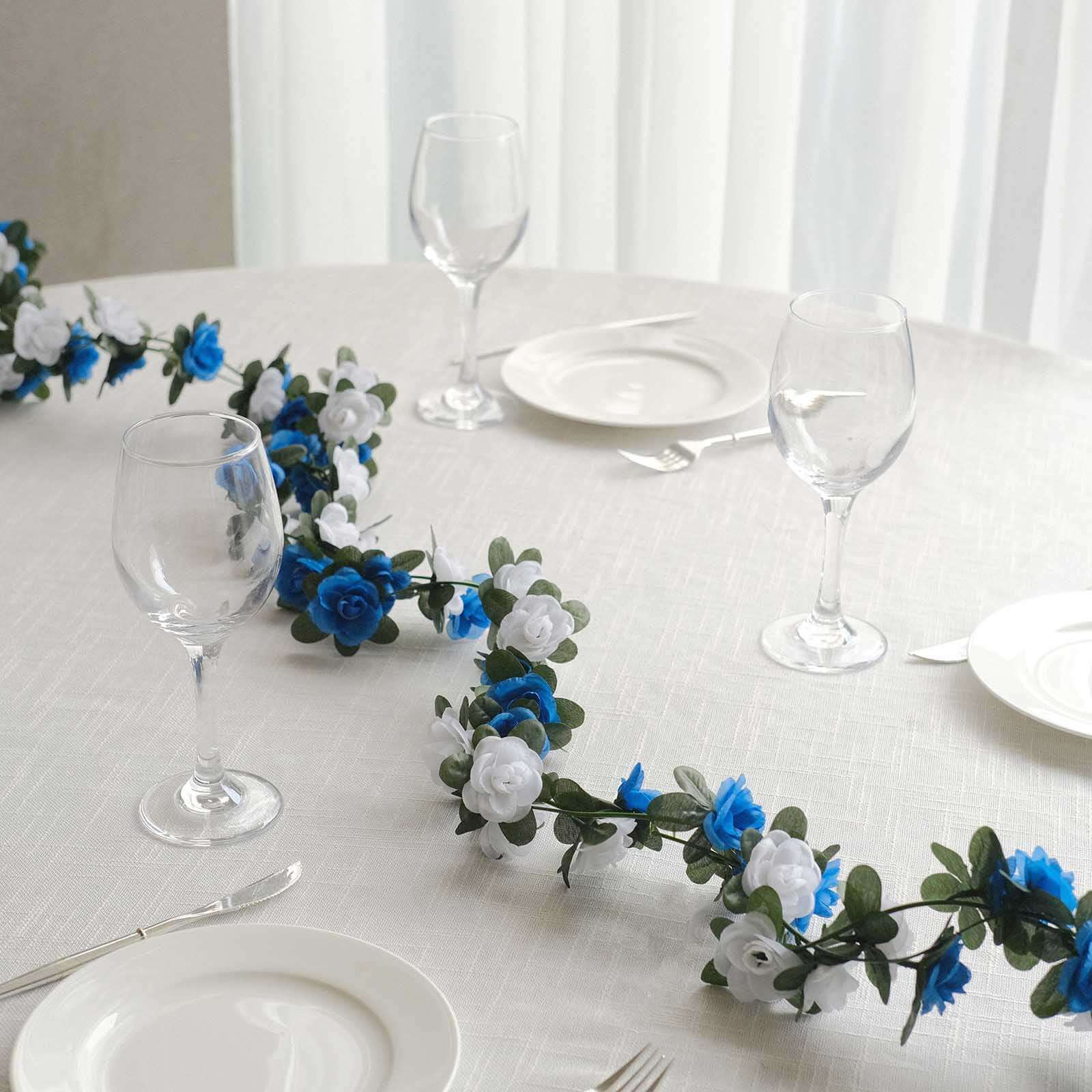 2 Pack White Royal Blue Artificial Silk Mini Rose Vines Hanging Flower Garland with 45 Flower Heads - 8ft - Image 3