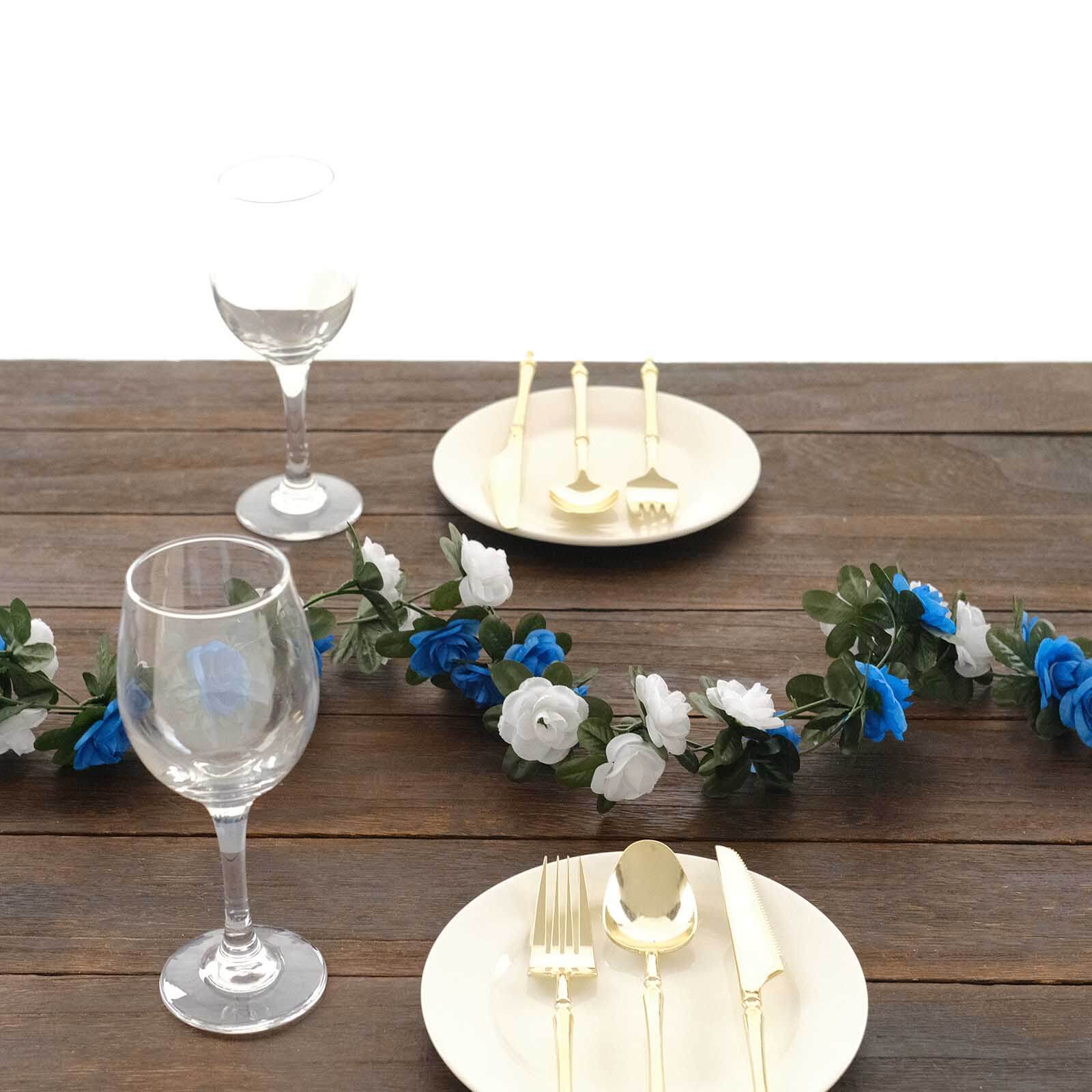 2 Pack White Royal Blue Artificial Silk Mini Rose Vines Hanging Flower Garland with 45 Flower Heads - 8ft - Image 6