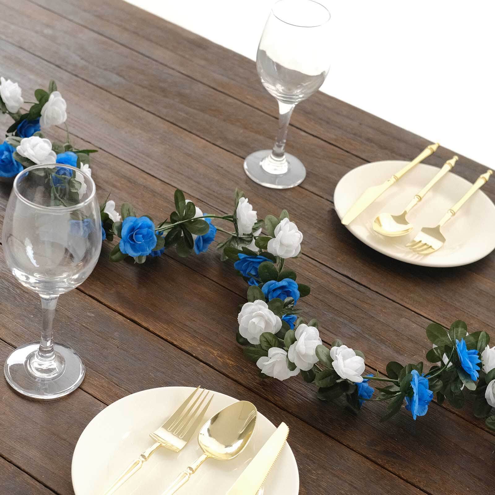 2 Pack White Royal Blue Artificial Silk Mini Rose Vines Hanging Flower Garland with 45 Flower Heads - 8ft - Image 7