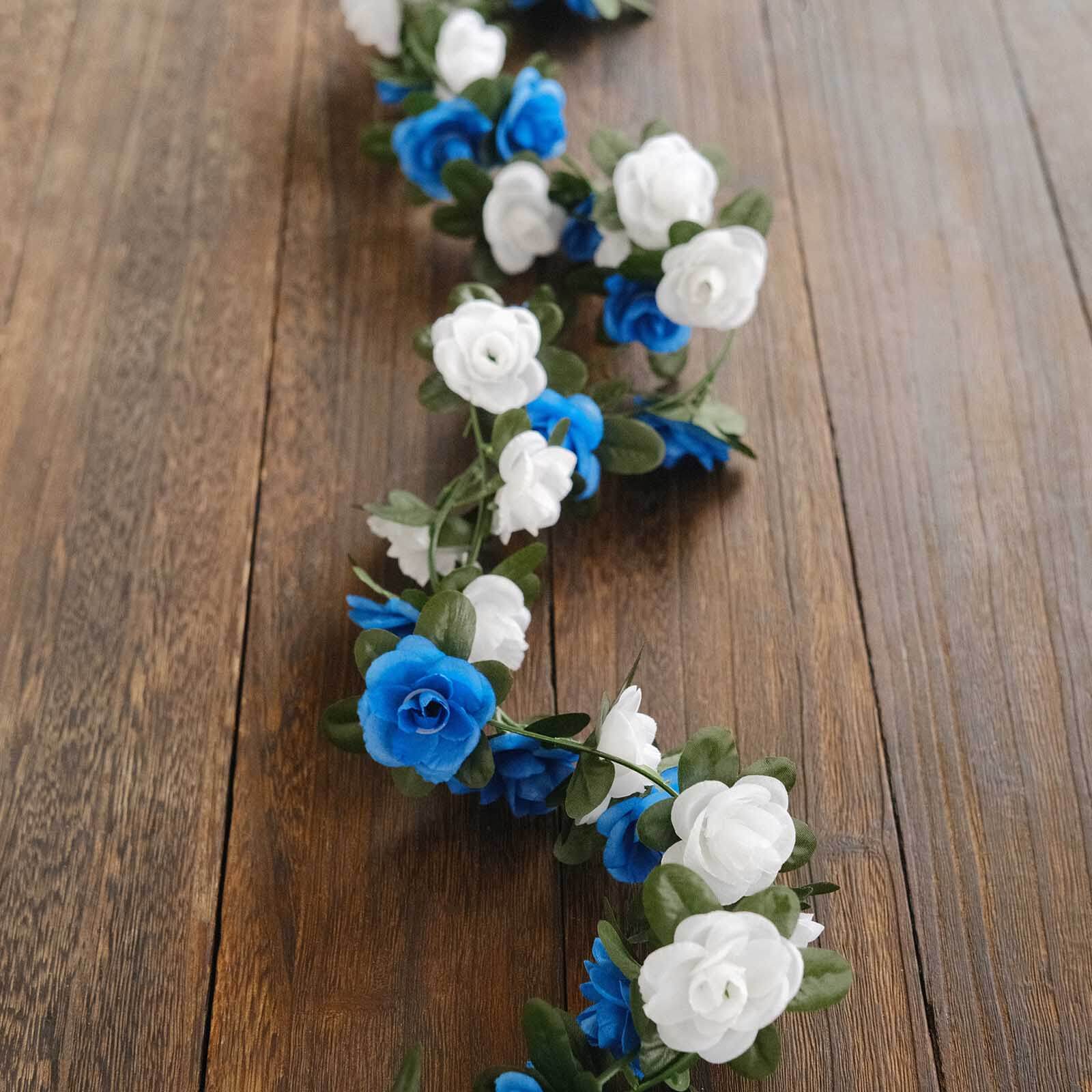 2 Pack White Royal Blue Artificial Silk Mini Rose Vines Hanging Flower Garland with 45 Flower Heads - 8ft - Image 9