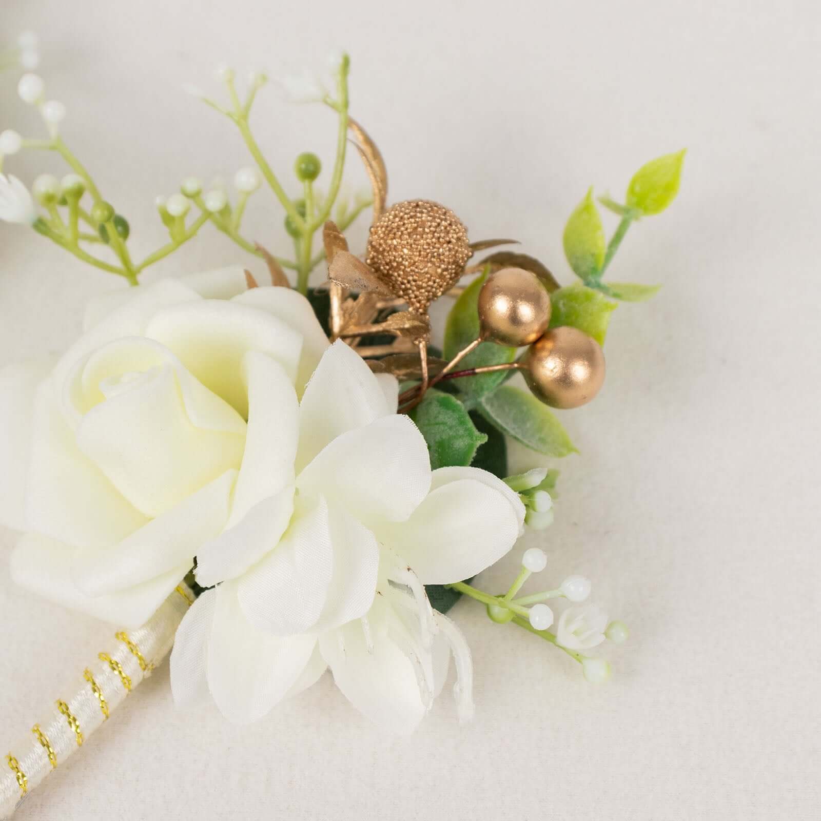 2 Pack White Silk Rose Boutonniere With Pin, Real Touch Artificial Flower Pocket Square - 5" - Image 2