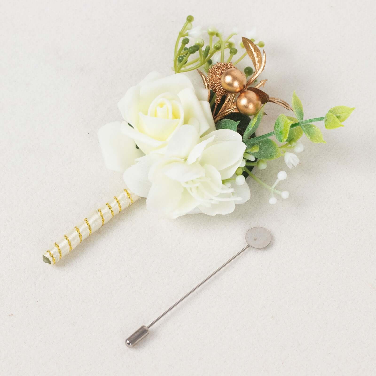 2 Pack White Silk Rose Boutonniere With Pin, Real Touch Artificial Flower Pocket Square - 5" - Image 5