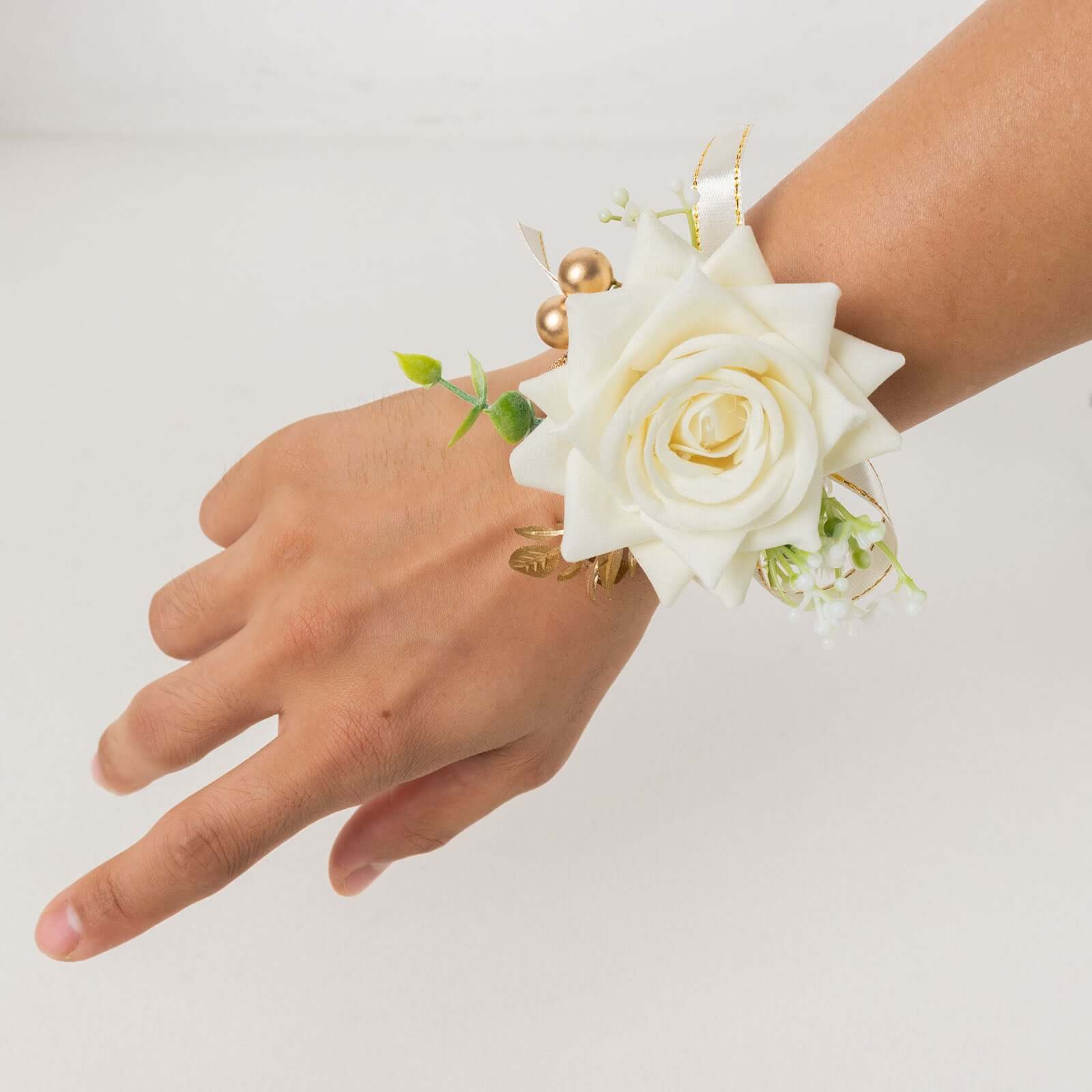 2 Pack White Silk Rose Wrist Corsage With Pearls, 4" Flower Bracelet Wedding Accessories