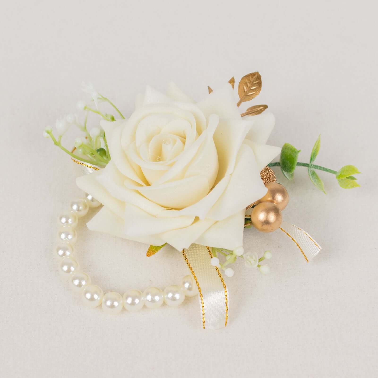 2 Pack White Silk Rose Wrist Corsage With Pearls, 4" Flower Bracelet Wedding Accessories - Image 6