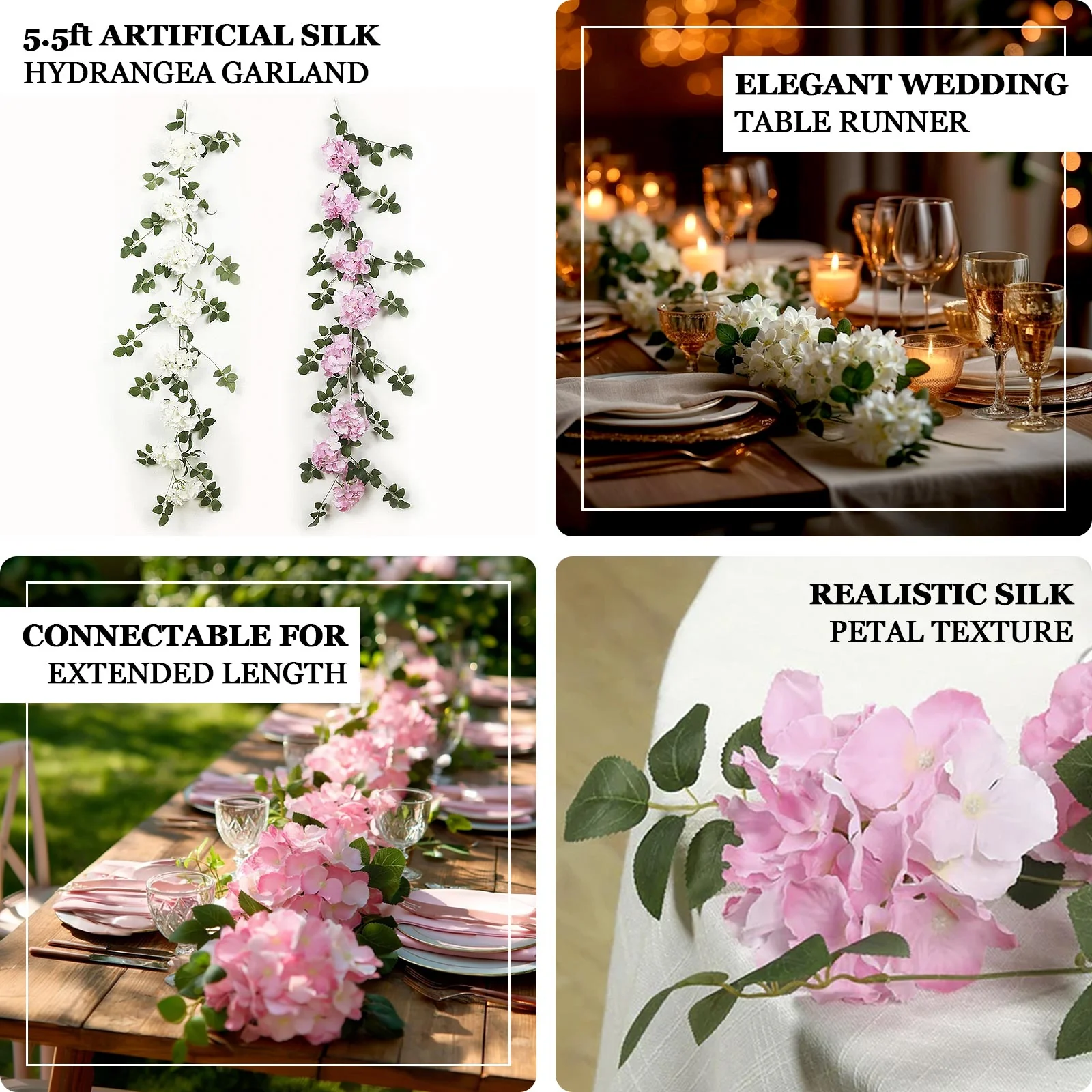 2-Pack Artificial Hydrangea Garland – 5.5ft Ivory Silk Flower Vine with Greenery - Image 3