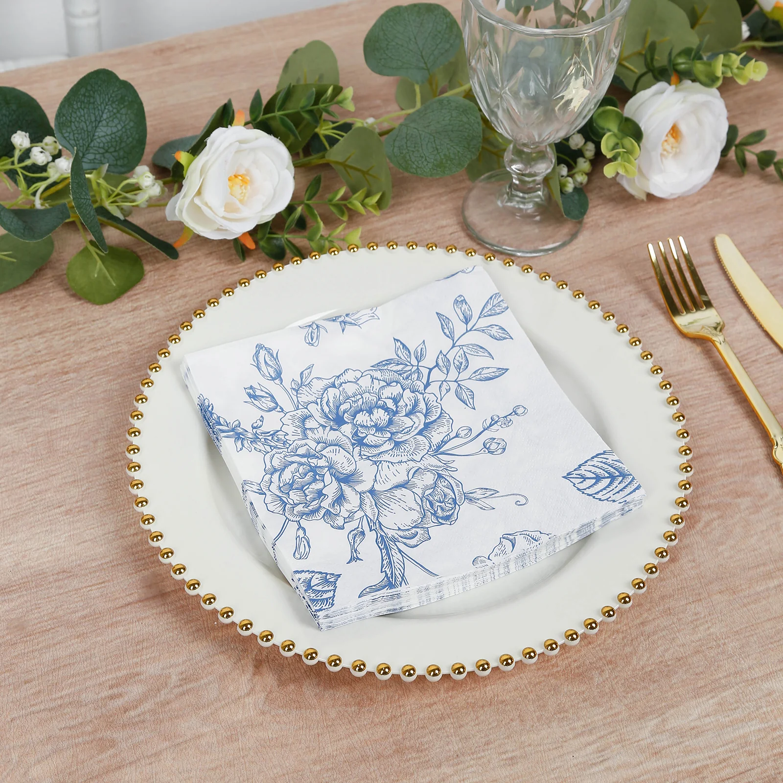 50 Pack 2-Ply Paper Cocktail Napkins in Matte Blue and White French Toile Floral Pattern, Highly Absorbent Soft Disposable Beverage Napkins - Image 2