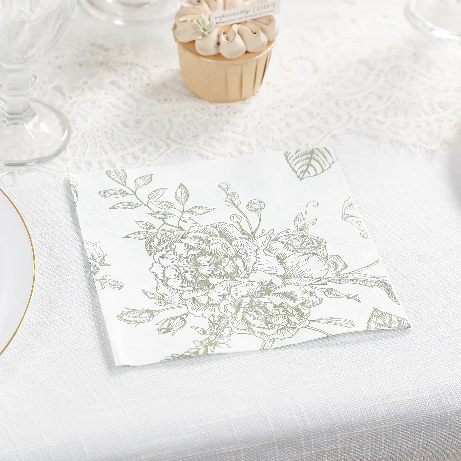 50 Pack 2-Ply Paper Cocktail Napkins in Matte Sage Green and White French Toile Floral Pattern, Highly Absorbent Soft Disposable Beverage Napkins