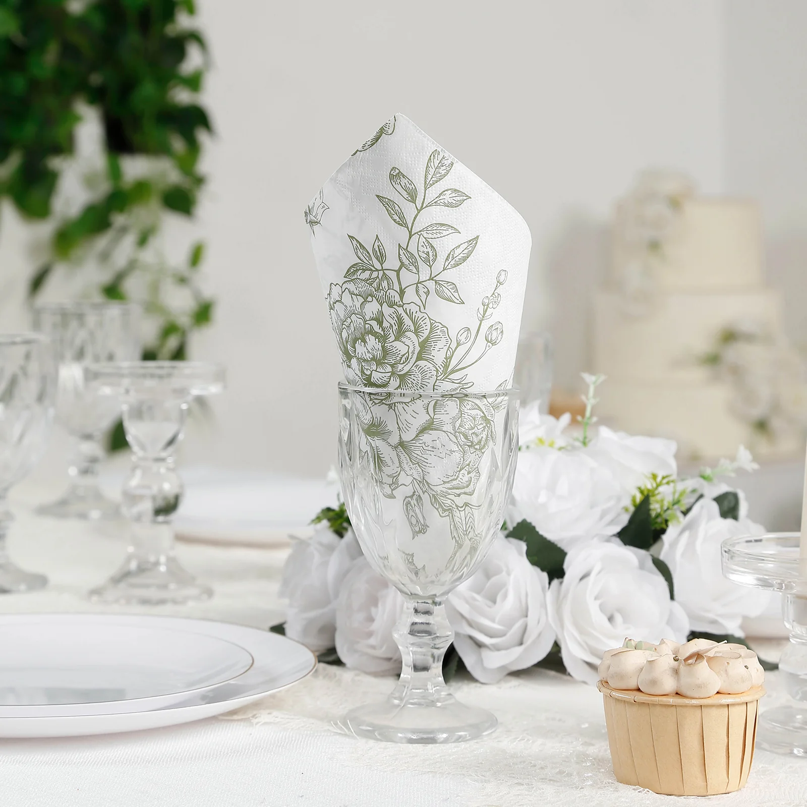 50 Pack 2-Ply Paper Cocktail Napkins in Matte Sage Green and White French Toile Floral Pattern, Highly Absorbent Soft Disposable Beverage Napkins - Image 6