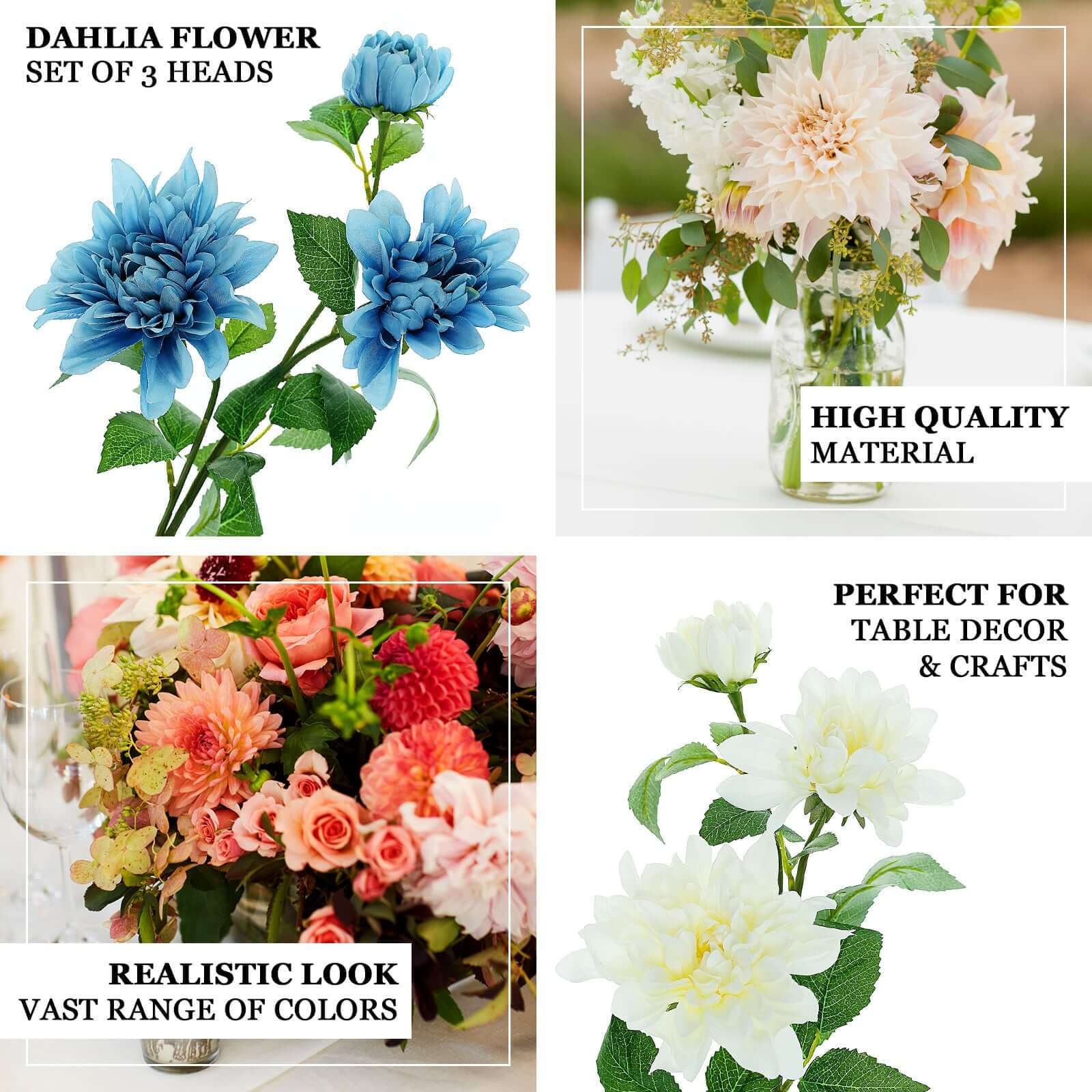 White Artificial Dahlia Silk Flower Stems, Faux Floral Spray 30" Tall - Image 4