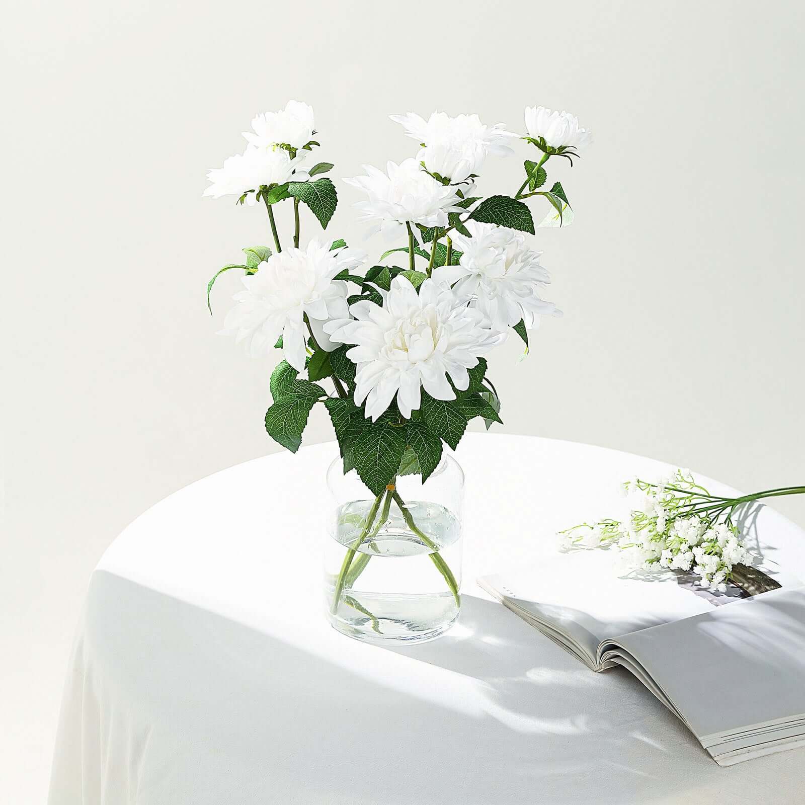 White Artificial Dahlia Silk Flower Stems, Faux Floral Spray 30" Tall - Image 9