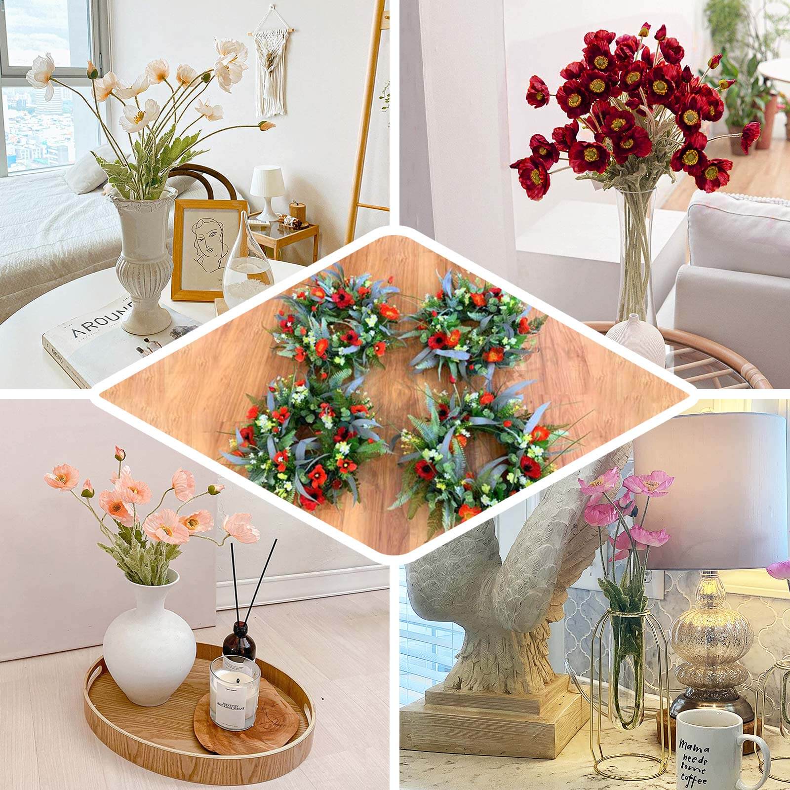 2 Stems Blush Artificial Silk Poppy Flower Bouquet Bushes 33" - Image 5