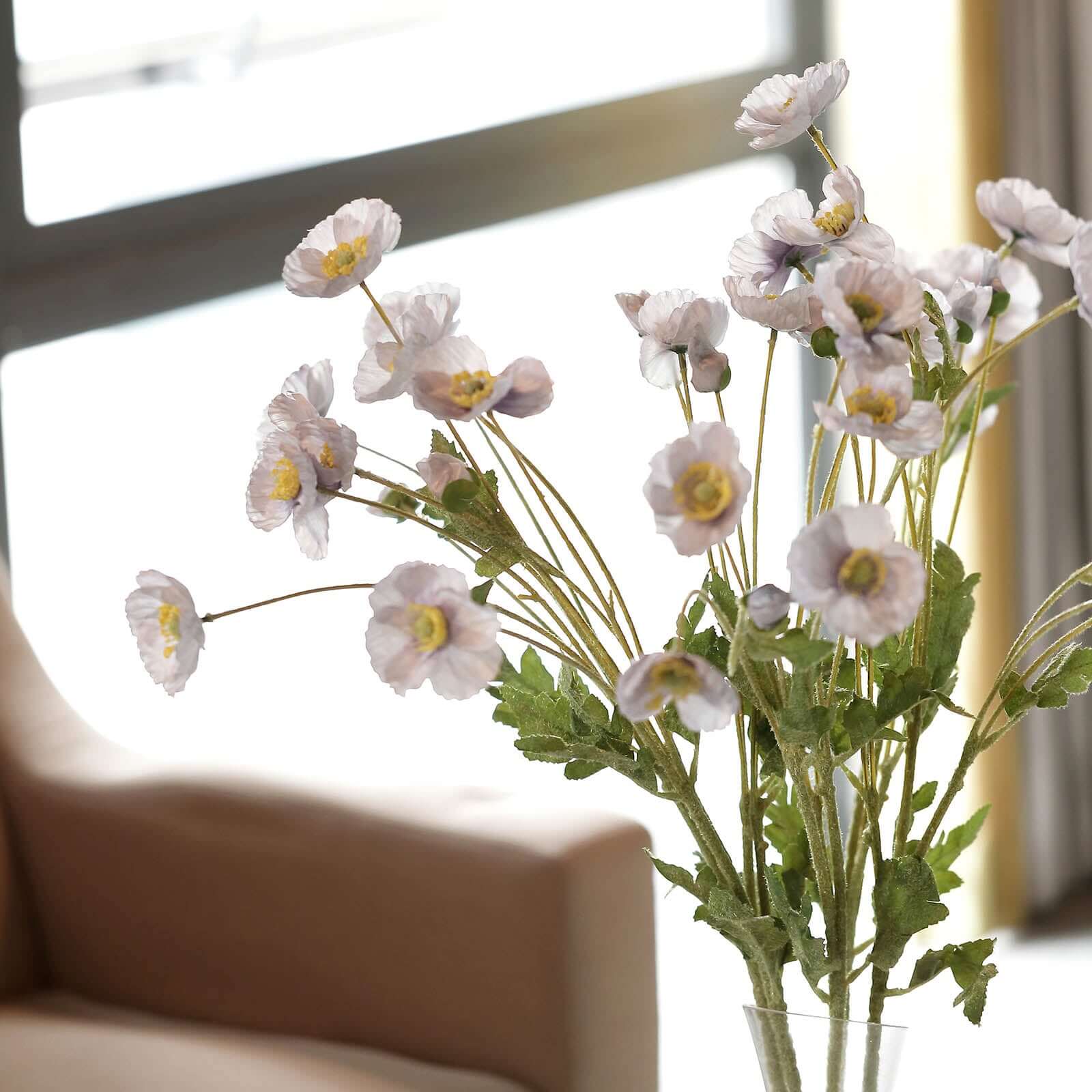 2 Stems Lavender Lilac Artificial Poppy Silk Flowers, Faux Poppies Bouquet Centerpiece Decor 33" - Image 2