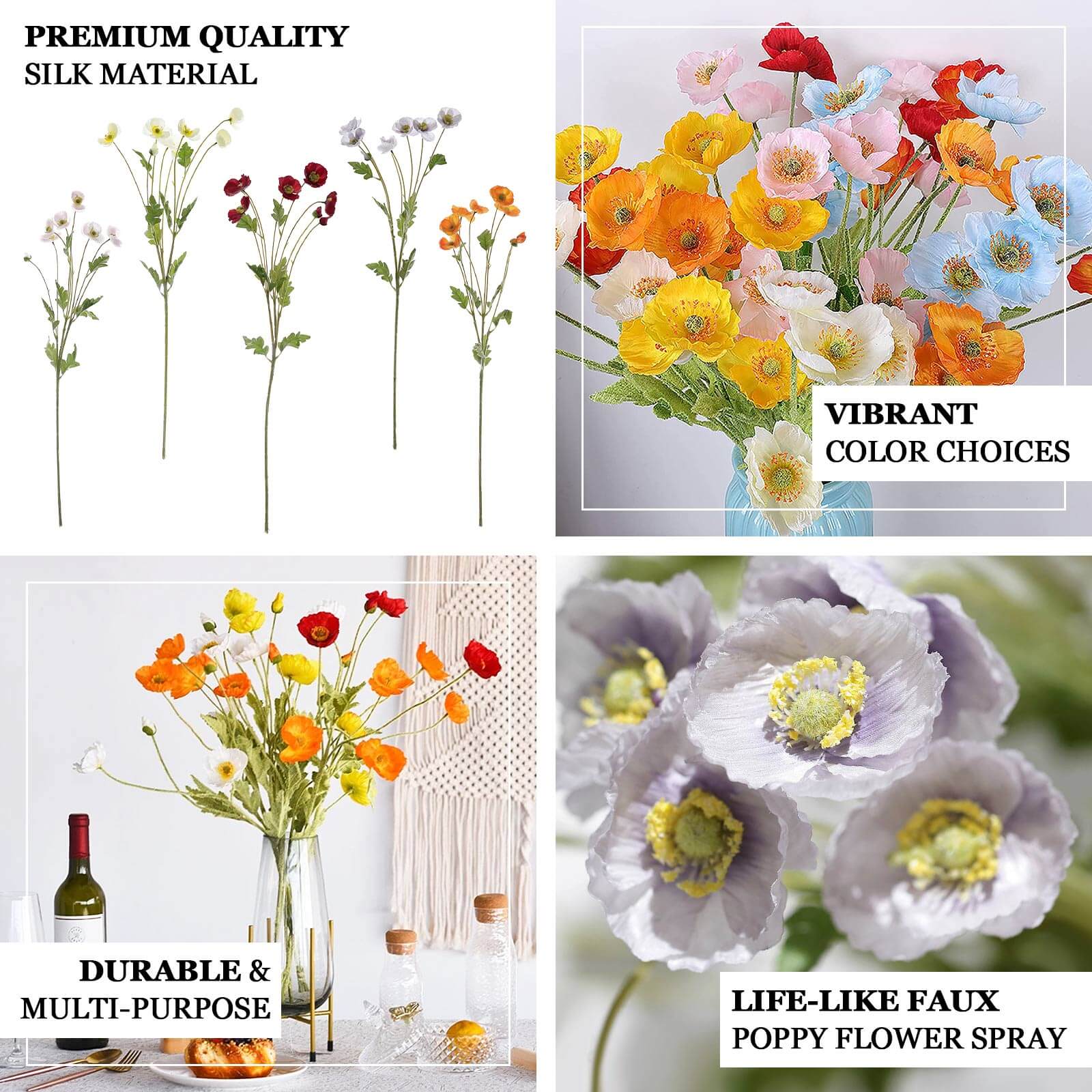 2 Stems Lavender Lilac Artificial Poppy Silk Flowers, Faux Poppies Bouquet Centerpiece Decor 33" - Image 4