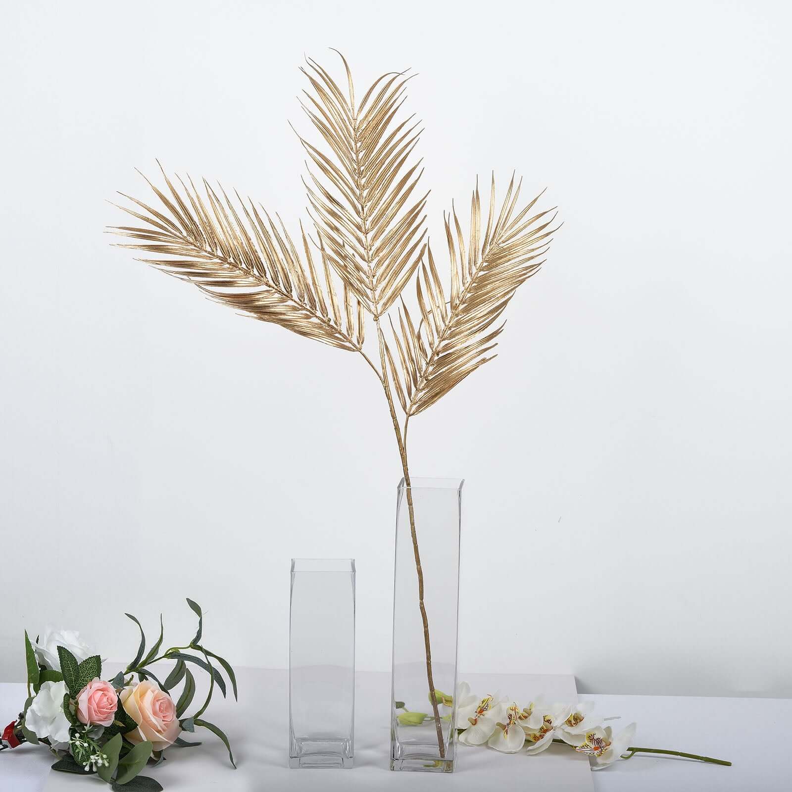 2 Stems Artificial Palm Leaf Branch 32" Metallic Gold Tropical & Stylish Faux Stems Vase Filler Floral Arrangement Accent - Image 2