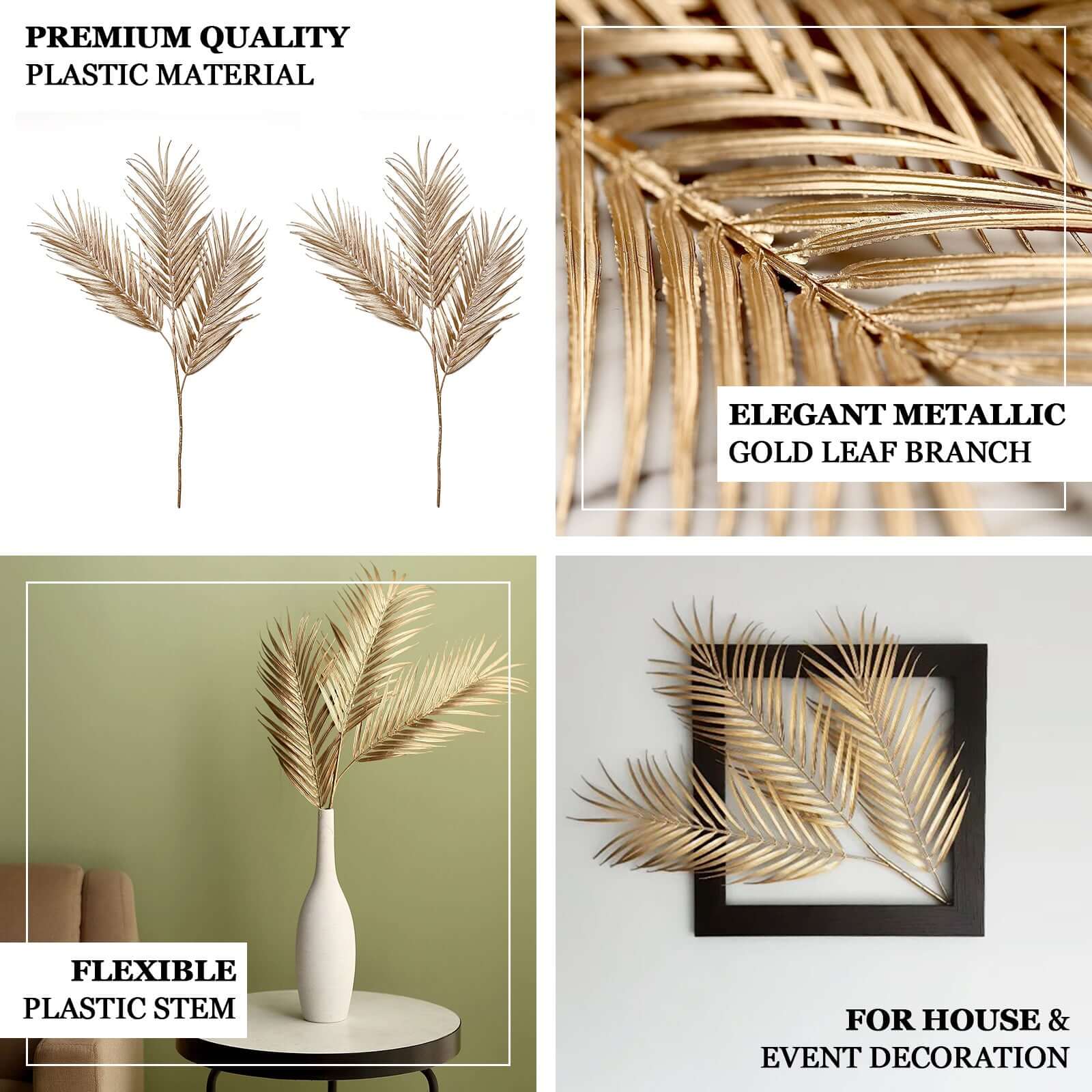 2 Stems Artificial Palm Leaf Branch 32" Metallic Gold Tropical & Stylish Faux Stems Vase Filler Floral Arrangement Accent - Image 4