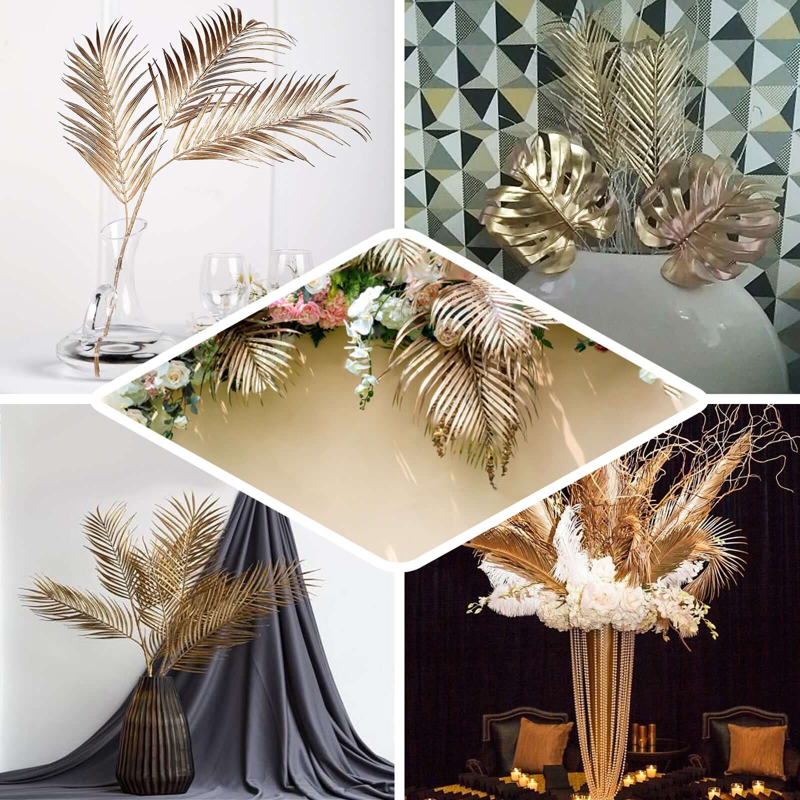 2 Stems Artificial Palm Leaf Branch 32" Metallic Gold Tropical & Stylish Faux Stems Vase Filler Floral Arrangement Accent - Image 5