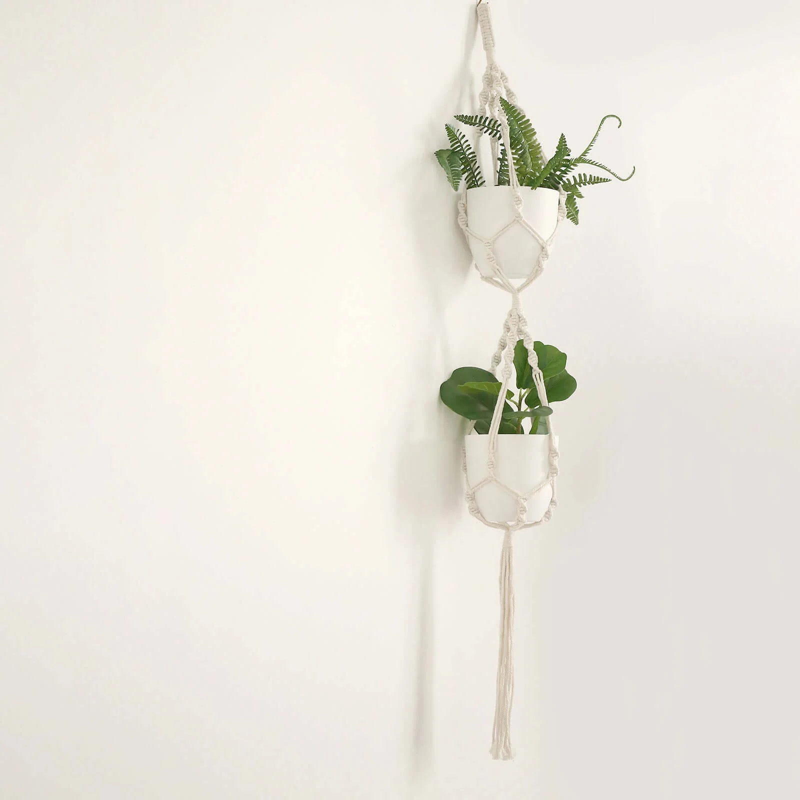 2-Tier Cotton Rope Hanging Planter Basket Double Ivory with Tassels - Indoor Boho Flower Pot Holder