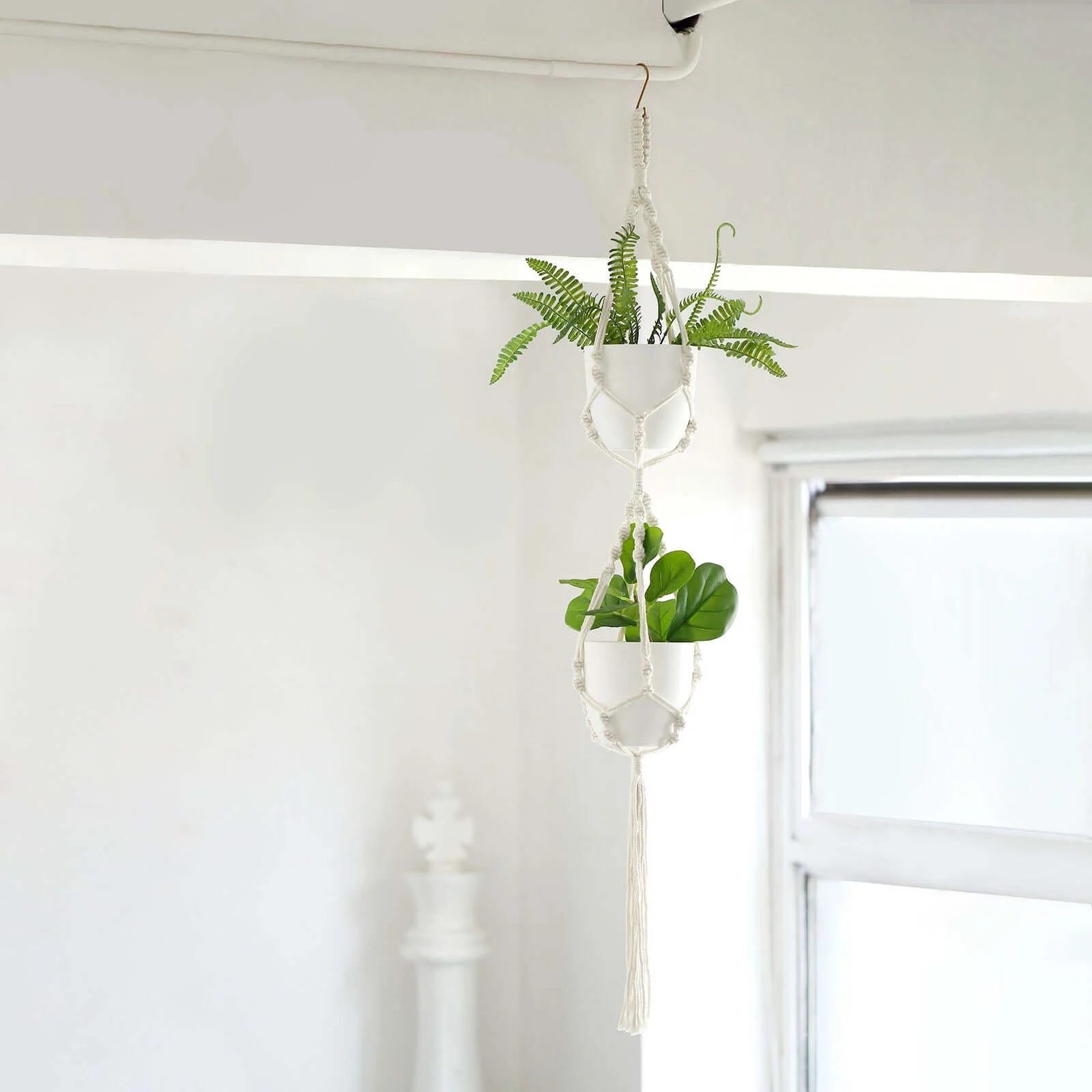 2-Tier Cotton Rope Hanging Planter Basket Double Ivory with Tassels - Indoor Boho Flower Pot Holder - Image 6