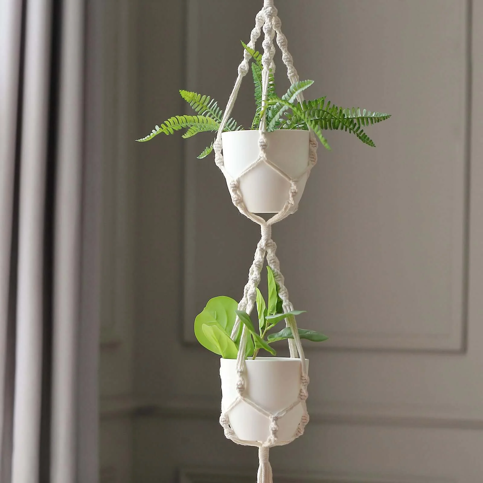 2-Tier Cotton Rope Hanging Planter Basket Double Ivory with Tassels - Indoor Boho Flower Pot Holder - Image 8