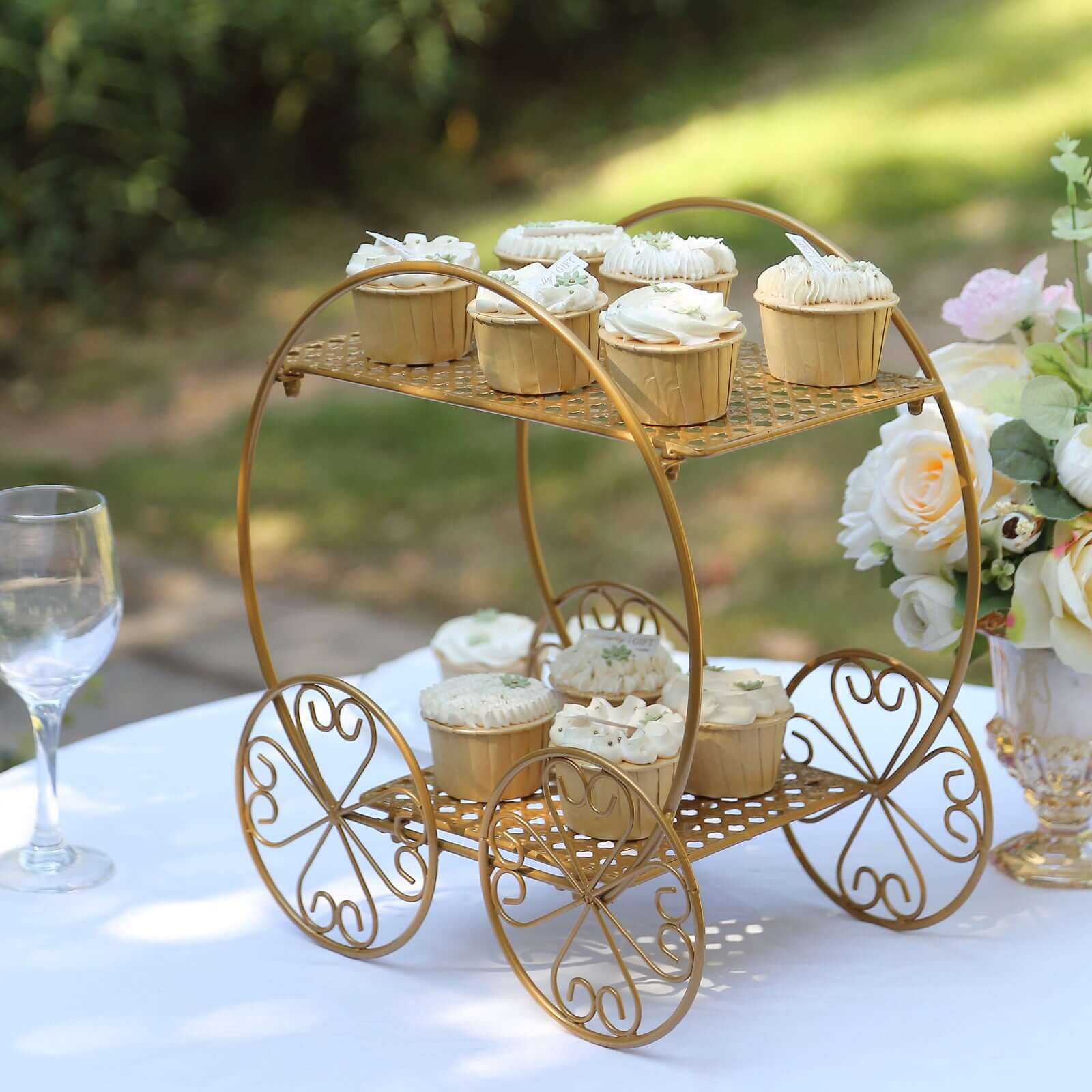 2-Tier Metal Cupcake Dessert Display Stand 14" Gold Princess Carriage Style - Decorative Wedding Cake Centerpiece Stand for Fairytale Themed Events & Parties - Image 5