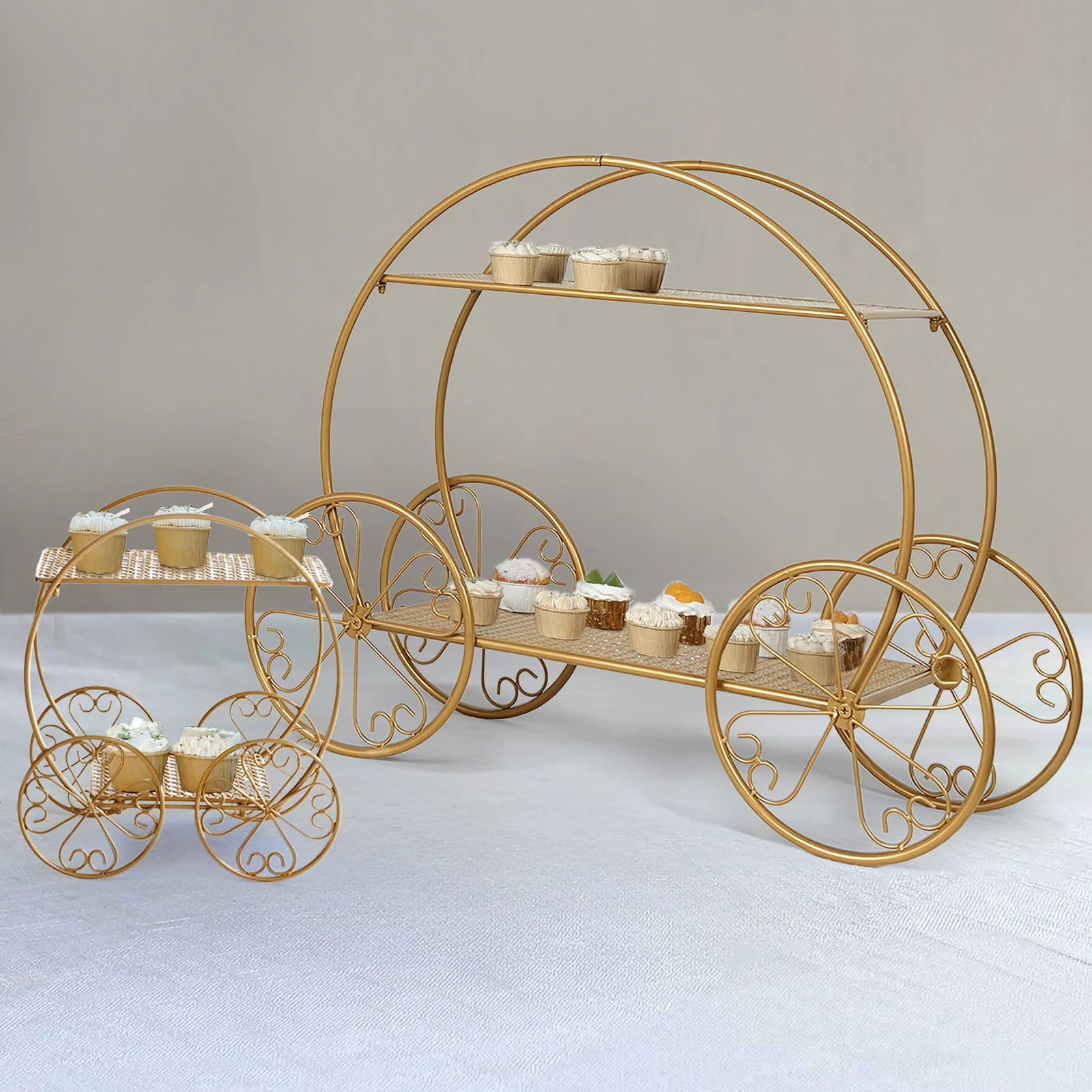 2-Tier Metal Cupcake Stand 28" Gold Cinderella Carriage Style - Giant Princess Pumpkin Coach Centerpiece Dessert Display Stand for Classy Sweets & Treats Tables - Image 2
