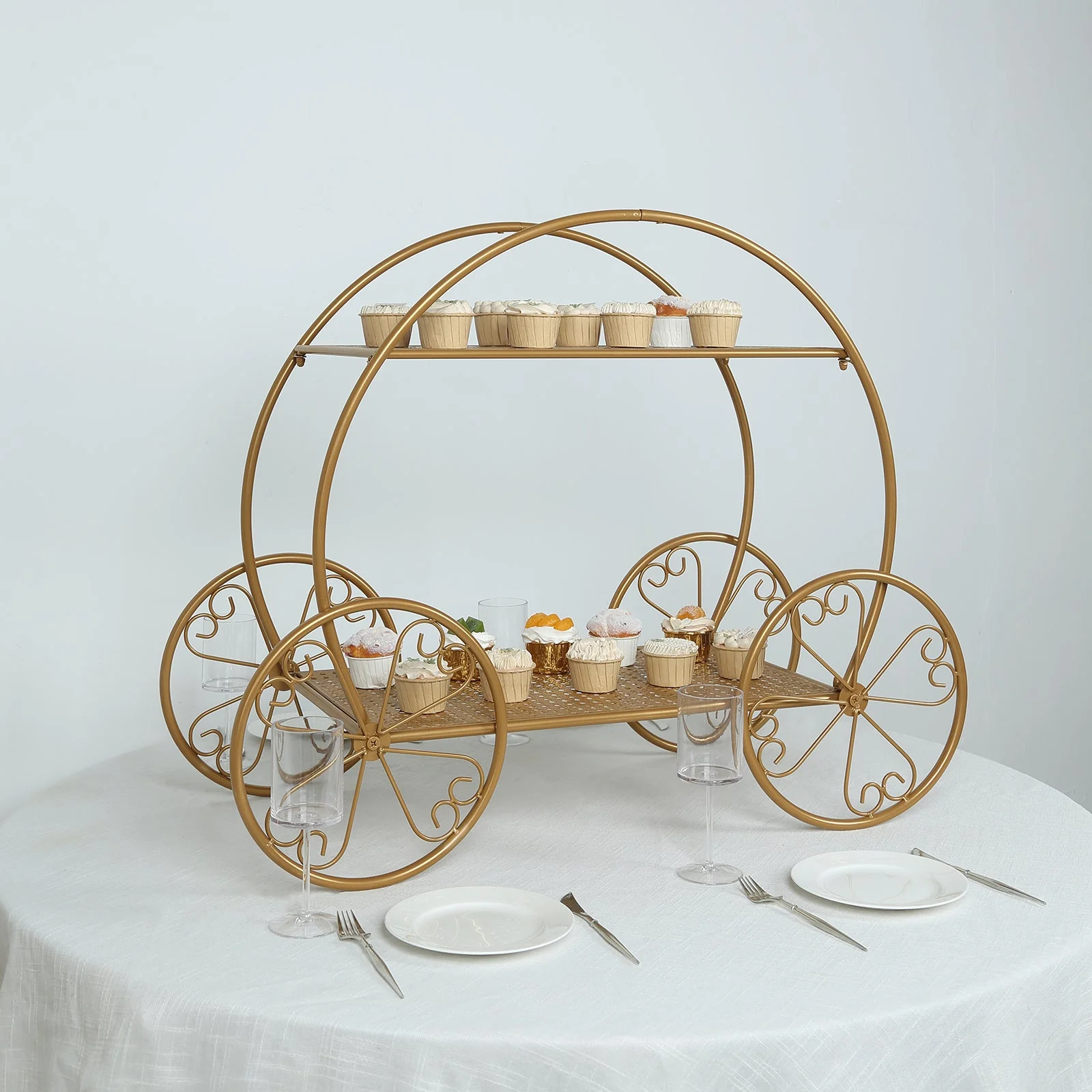 2-Tier Metal Cupcake Stand 28" Gold Cinderella Carriage Style - Giant Princess Pumpkin Coach Centerpiece Dessert Display Stand for Classy Sweets & Treats Tables - Image 5