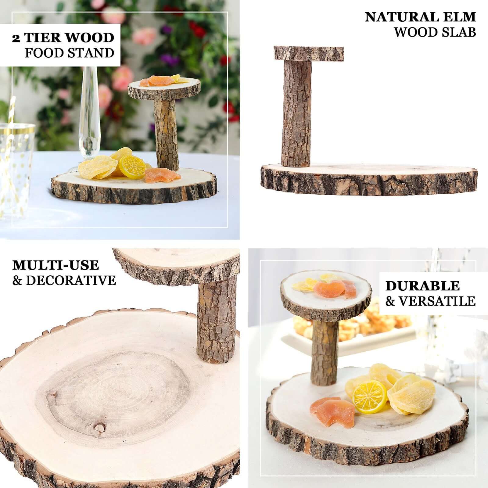 2-Tier Wooden Cheese Board Stand 8" Elm Wood Slice Design Natural - Rustic Cupcake Centerpiece - Image 4