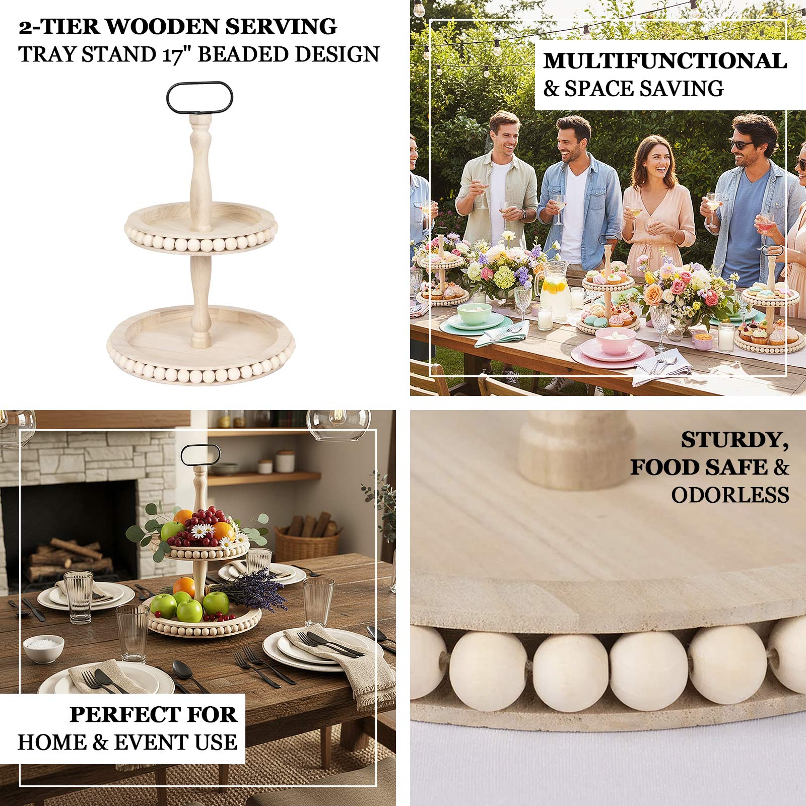 2-Tier Wooden Serving Tray Stand 17" Beaded Design with Metal Handle Natural - Round Rustic Farmhouse Cupcake Display - Image 3