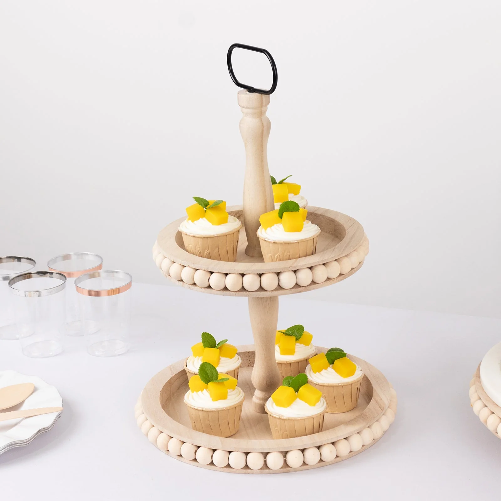 2-Tier Wooden Serving Tray Stand 17" Beaded Design with Metal Handle Natural - Round Rustic Farmhouse Cupcake Display - Image 5