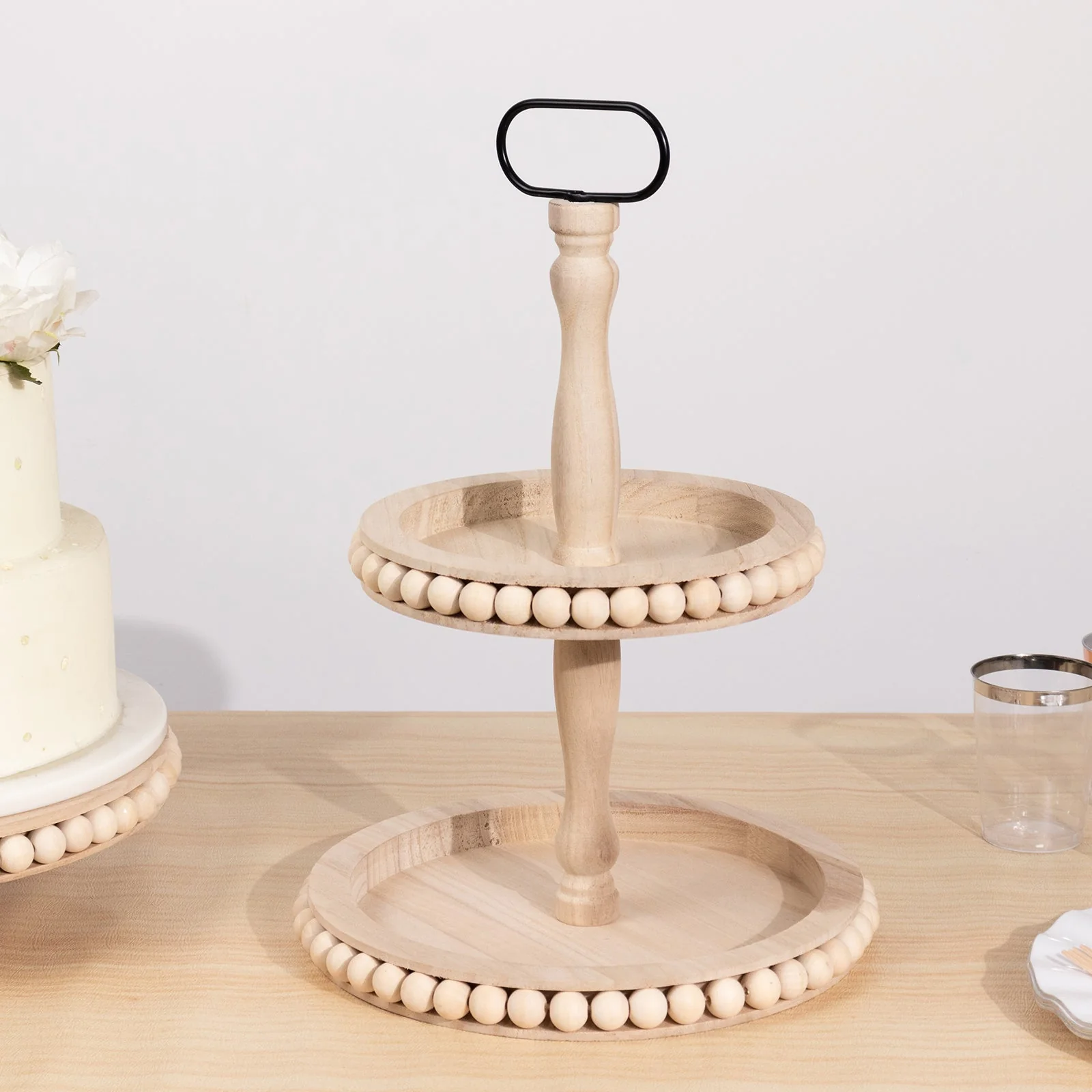 2-Tier Wooden Serving Tray Stand 17" Beaded Design with Metal Handle Natural - Round Rustic Farmhouse Cupcake Display - Image 7