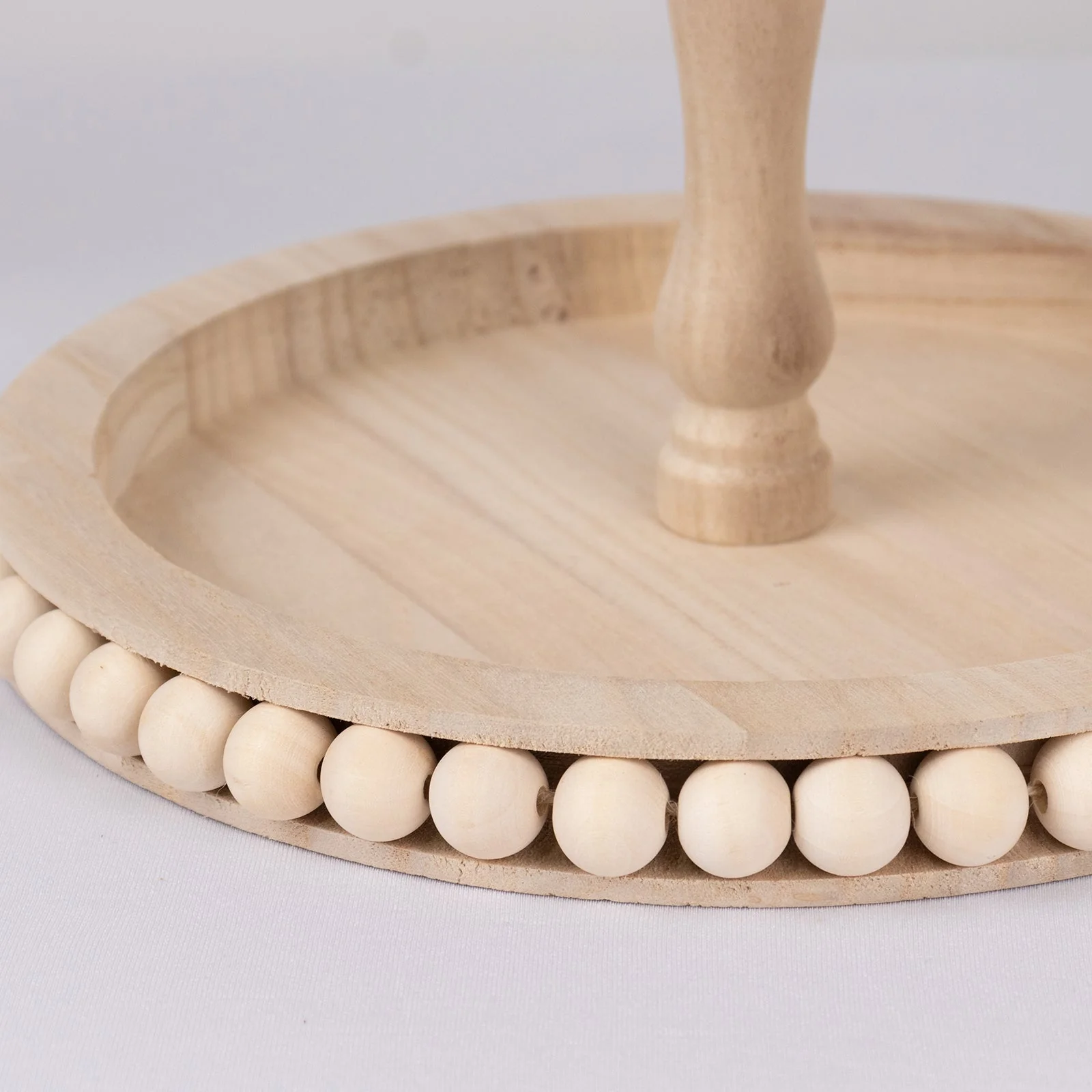 2-Tier Wooden Serving Tray Stand 17" Beaded Design with Metal Handle Natural - Round Rustic Farmhouse Cupcake Display - Image 8