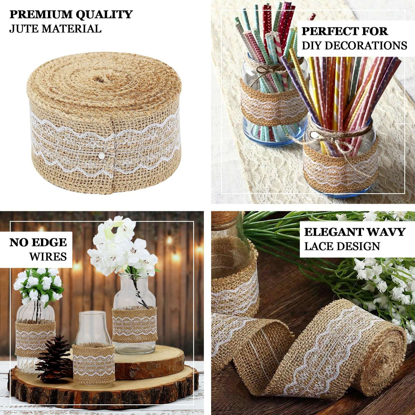 Natural Jute Burlap Ribbon With Wavy Lace 2" x 16FT - Image 3