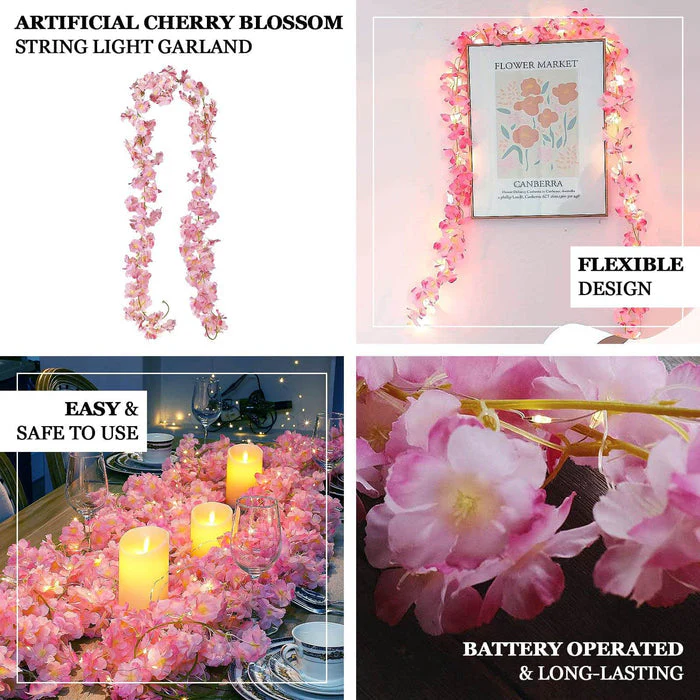20 LED Artificial Garland String Lights 6ft Cherry Blossom Design White Warm White - Battery Operated Hanging Lights - Image 3