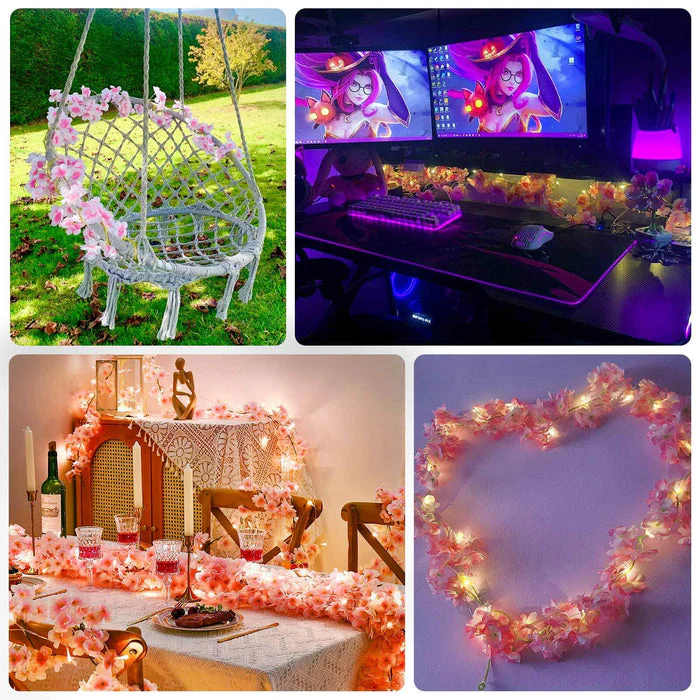 20 LED Artificial Garland String Lights 6ft Cherry Blossom Design White Warm White - Battery Operated Hanging Lights - Image 4