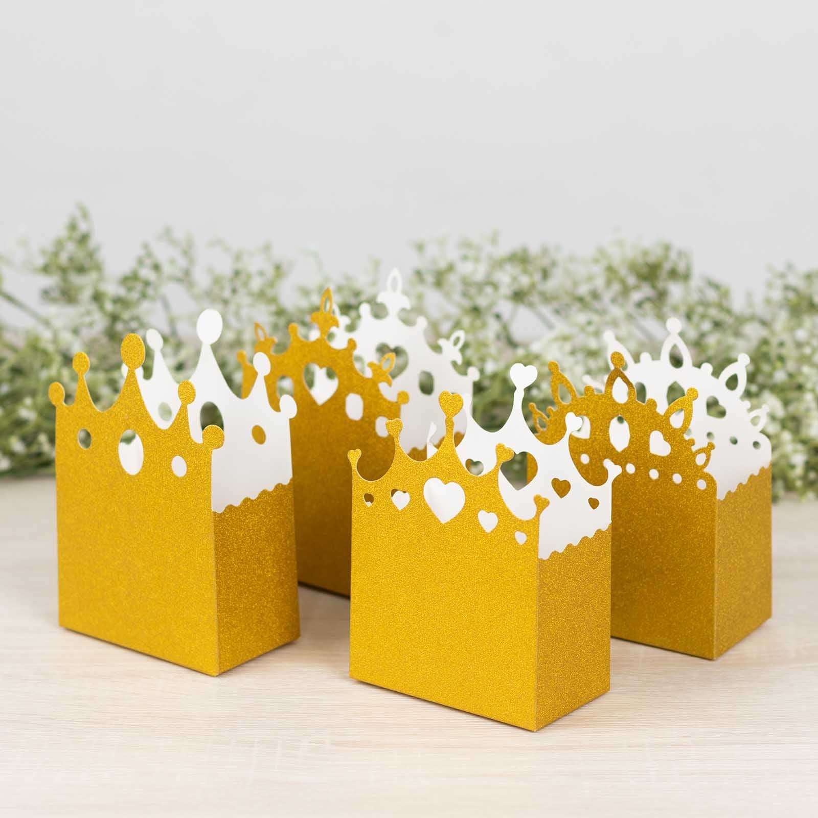 20-Pack Cardstock Favor Boxes 3.5"x 2"x 5" Gold Glitter Princess Crown Design - Dazzling Candy Treat Bags for Glam Enchanted Fairy Tale Themed Events & Parties - Image 4