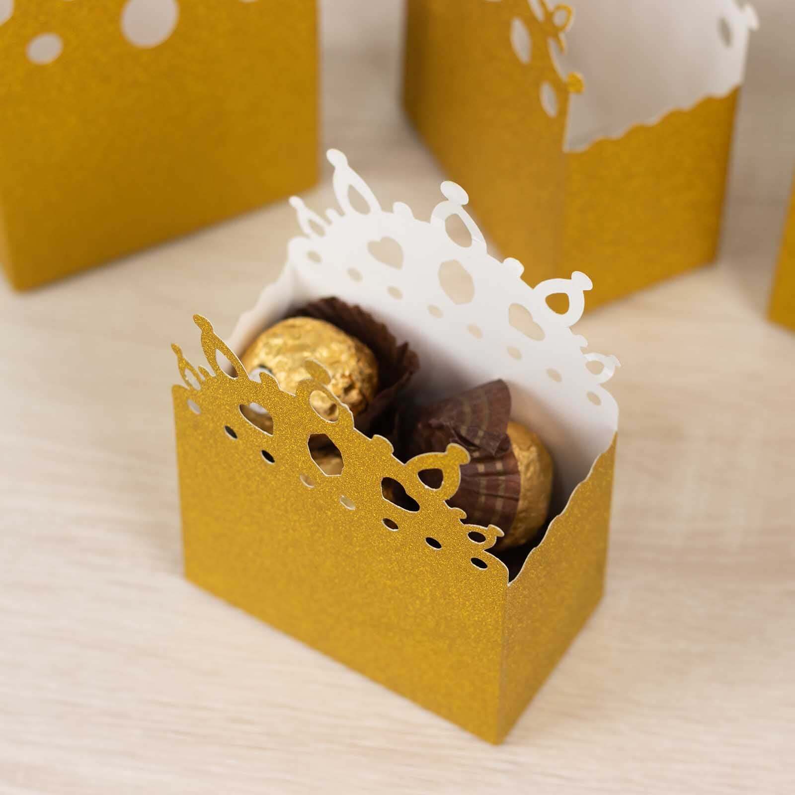 20-Pack Cardstock Favor Boxes 3.5"x 2"x 5" Gold Glitter Princess Crown Design - Dazzling Candy Treat Bags for Glam Enchanted Fairy Tale Themed Events & Parties - Image 9