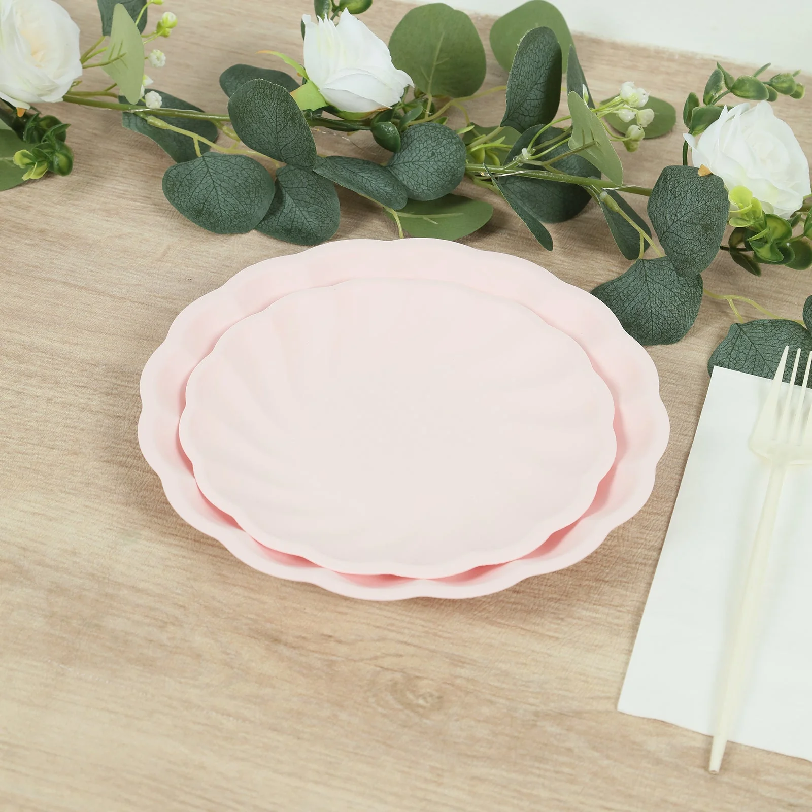 20 Pack Compostable Dessert Plates – 7" Blush Swirl Scalloped Pastel Color Salad Plates, Biodegradable Bamboo Tableware