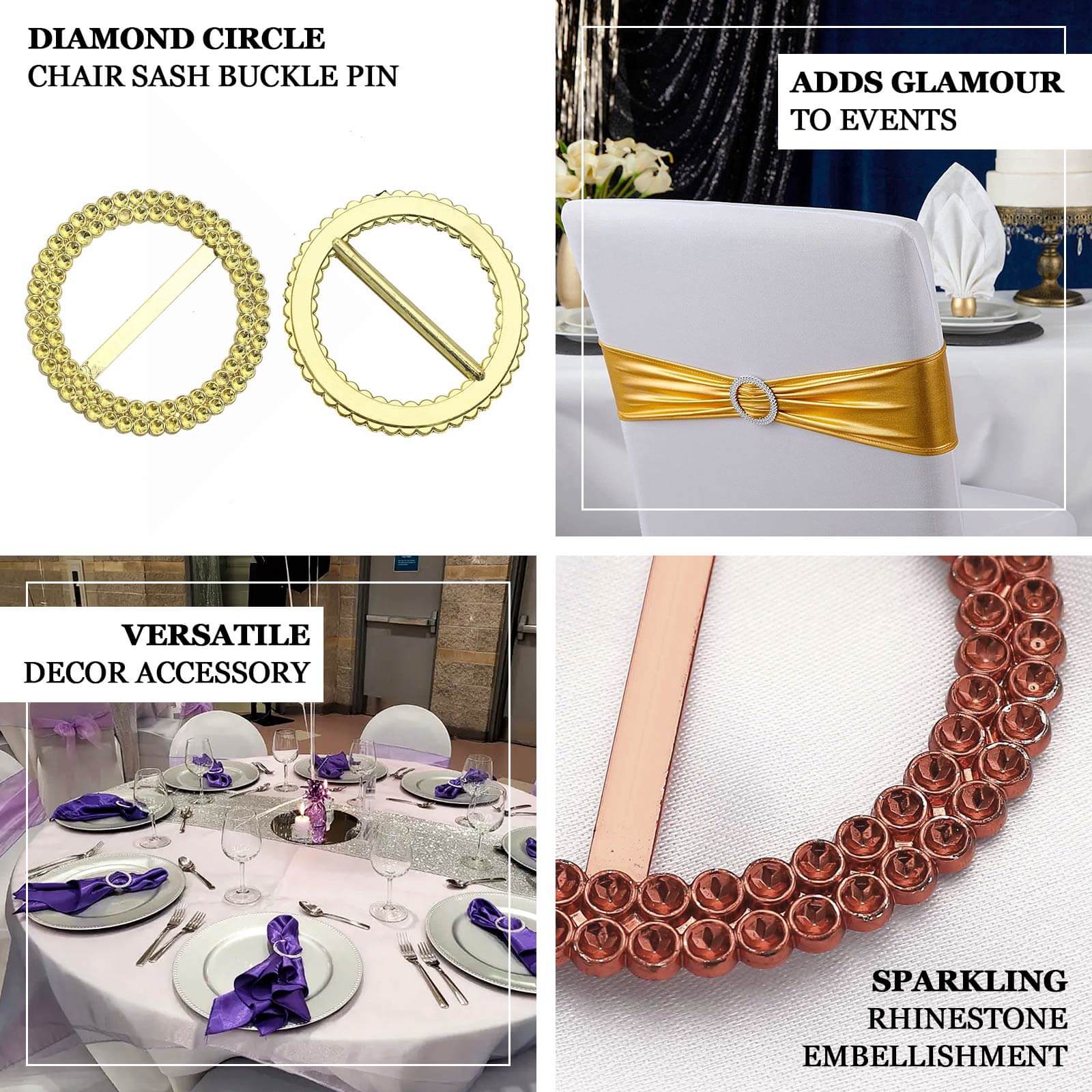 20 Pack Diamond Circle Chair Sash Band Buckle Pin 2.5" Pink - Rhinestone Napkin Rings - Image 4