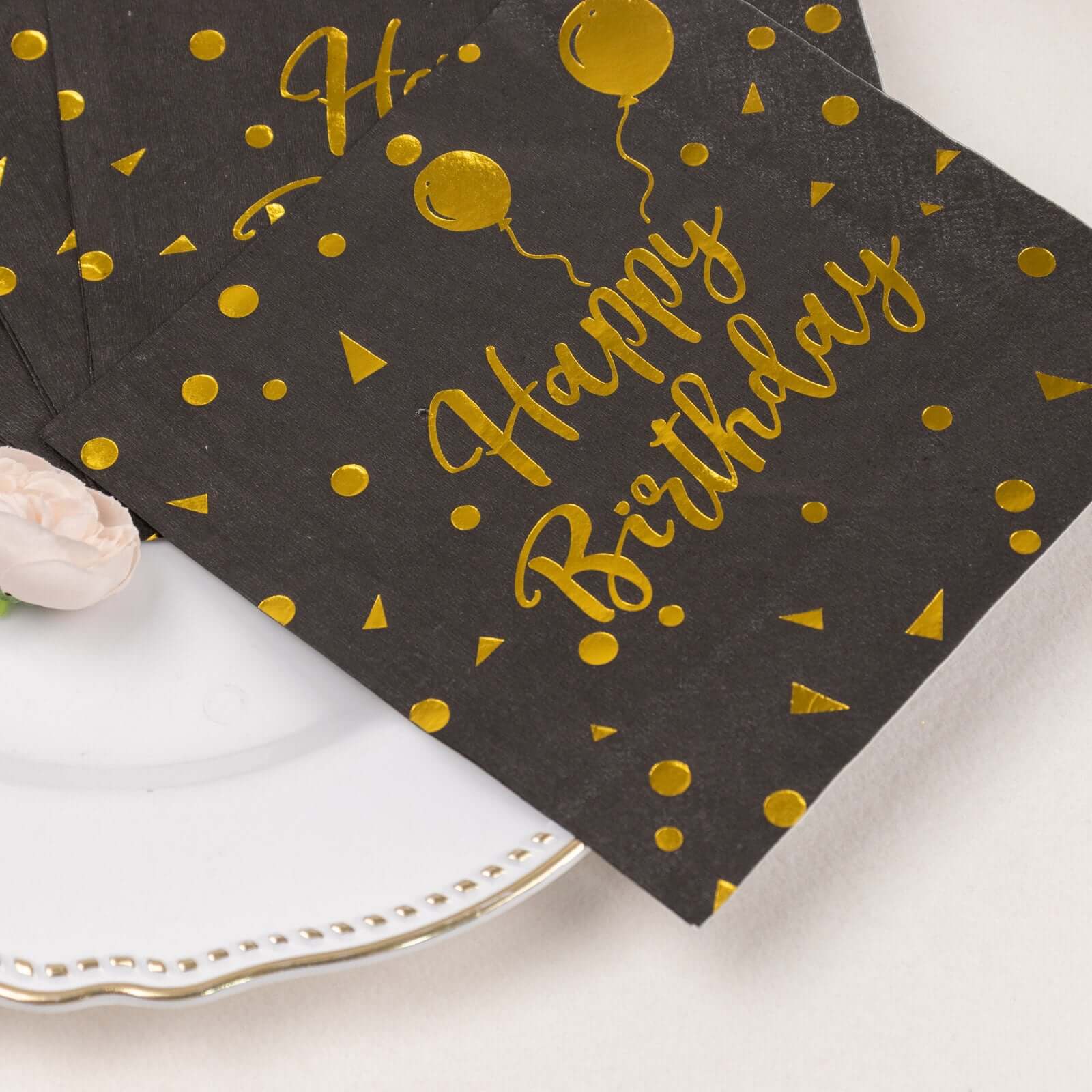 20-Pack Paper Beverage Napkins 2 Ply Black/Gold with Happy Birthday Foil Print 6.5"x6.5" - Soft Disposable Cocktail Party Napkins 18GSM - Image 8