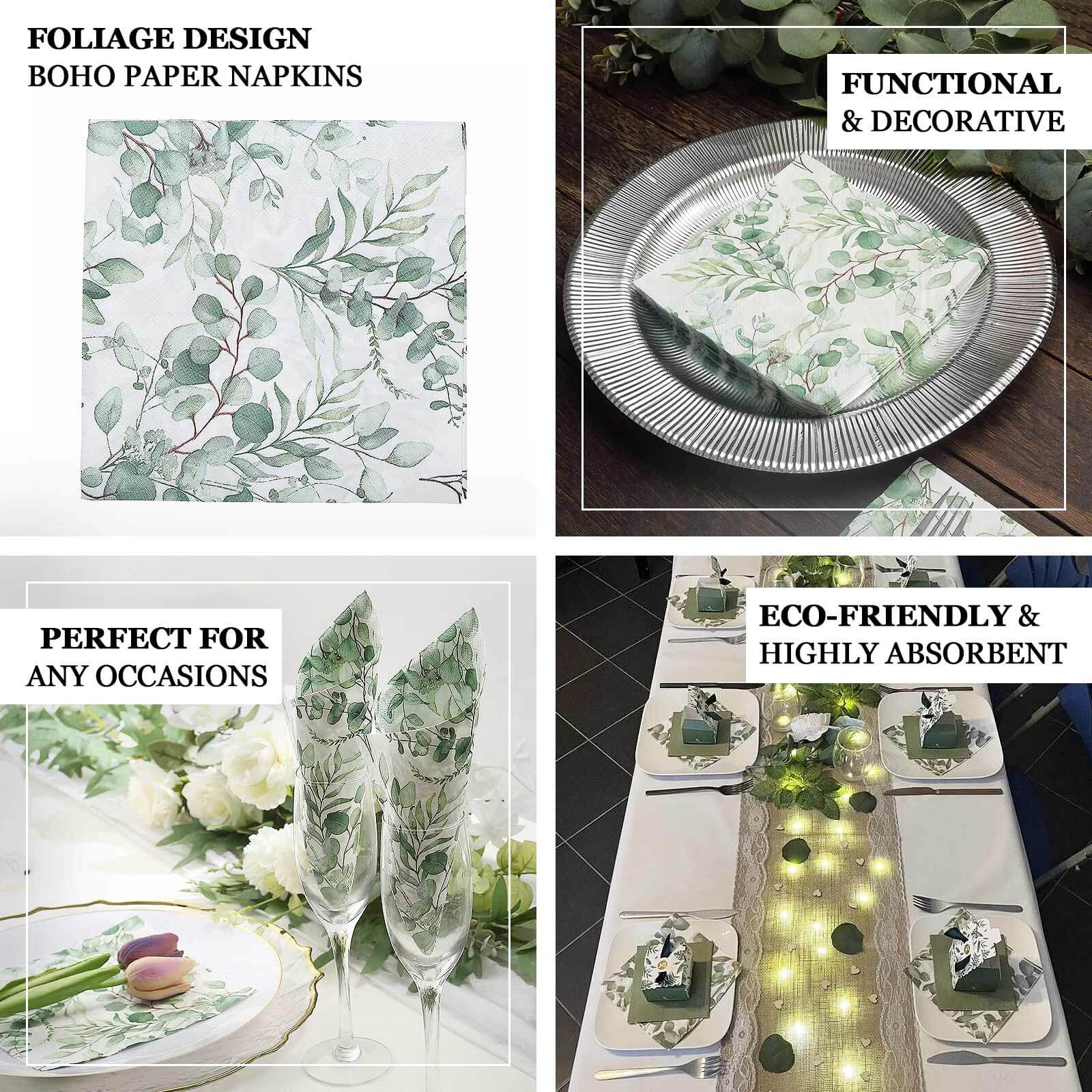 20-Pack Paper Beverage Napkins 2 Ply Green with Foliage Eucalyptus Leaves Design 6.5"x6.5" - Soft Boho Wedding Cocktail Beverage Napkins 18GSM - Image 4