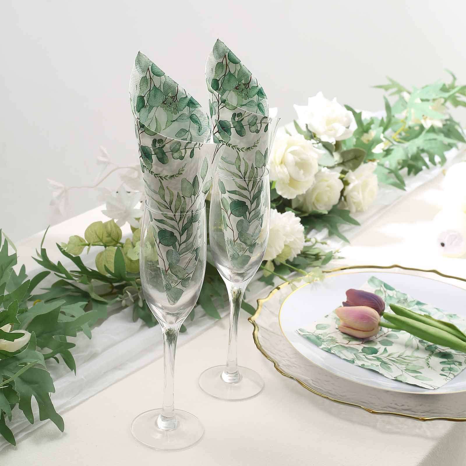 20-Pack Paper Beverage Napkins 2 Ply Green with Foliage Eucalyptus Leaves Design 6.5"x6.5" - Soft Boho Wedding Cocktail Beverage Napkins 18GSM - Image 6