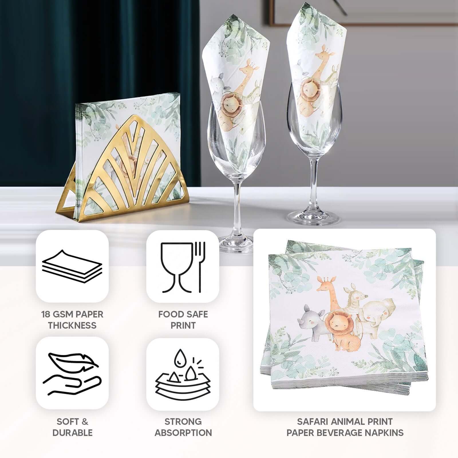 20-Pack Paper Beverage Napkins 2 Ply with Safari Animal Print 6.5"x6.5" - Jungle Theme Disposable Cocktail Party Napkins 18GSM - Image 4