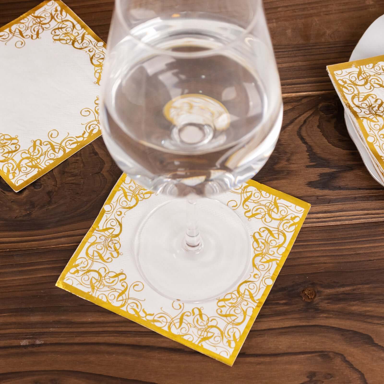 20-Pack Paper Beverage Napkins 3 Ply White with Gold Foil Lace Design 5"x5" - Soft European Style Wedding Napkins 18GSM - Image 2